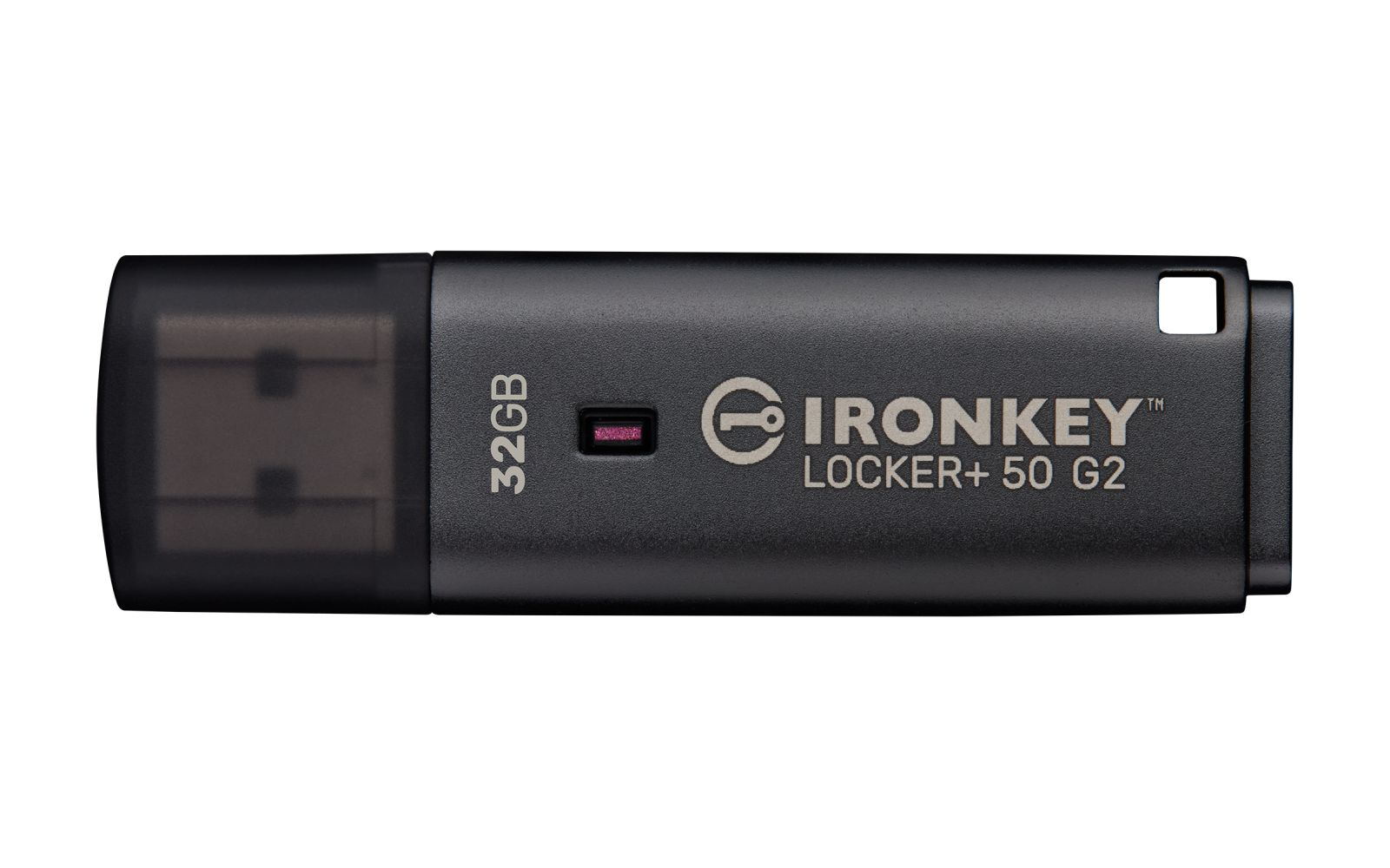 Schwarzer USB-Stick mit 32 GB Speicher, Marke IRONKEY LOCKER+ 50 G2.