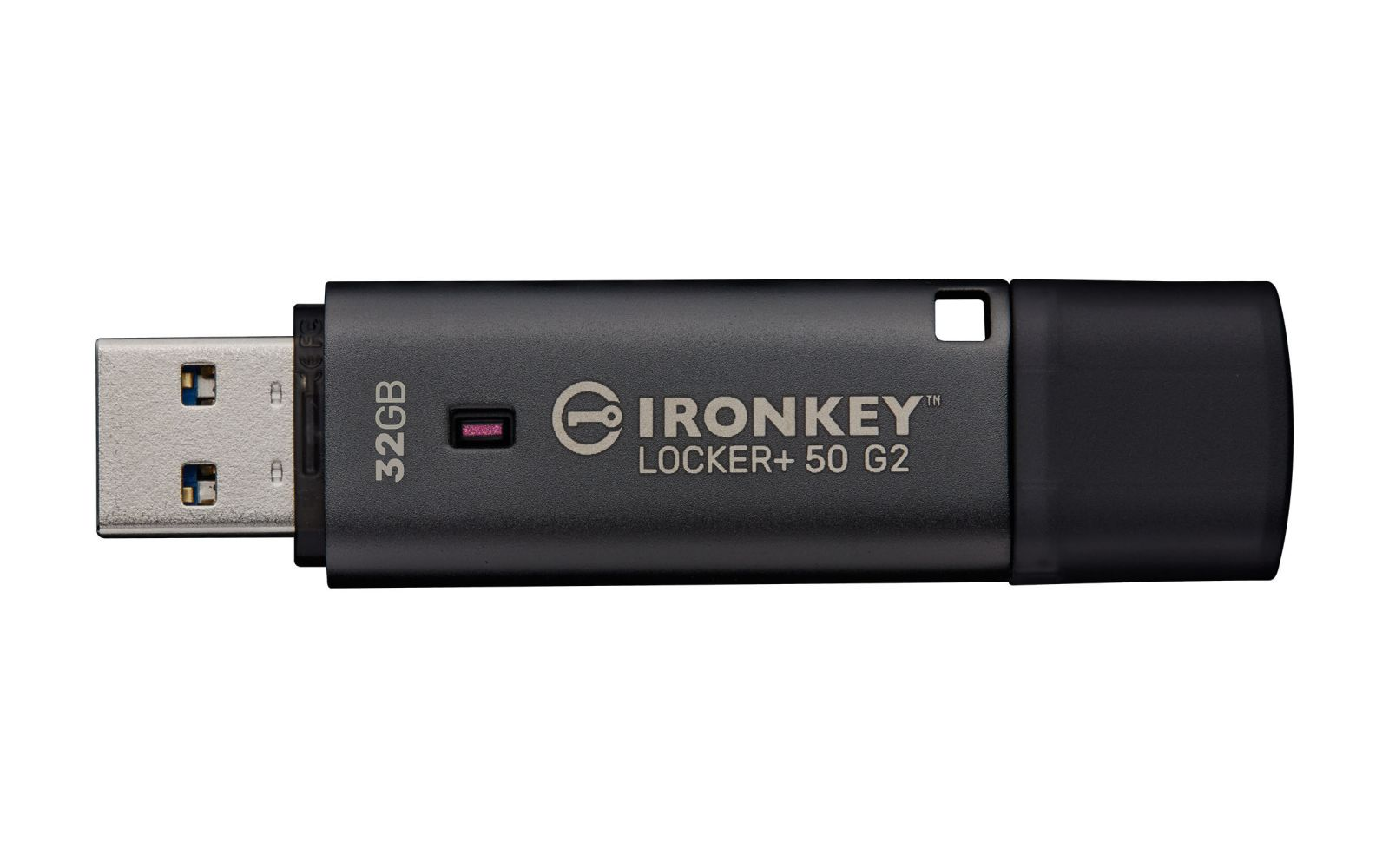 Schwarzer USB-Stick von IronKey mit 32 GB Speicher und silbernem Anschluss.