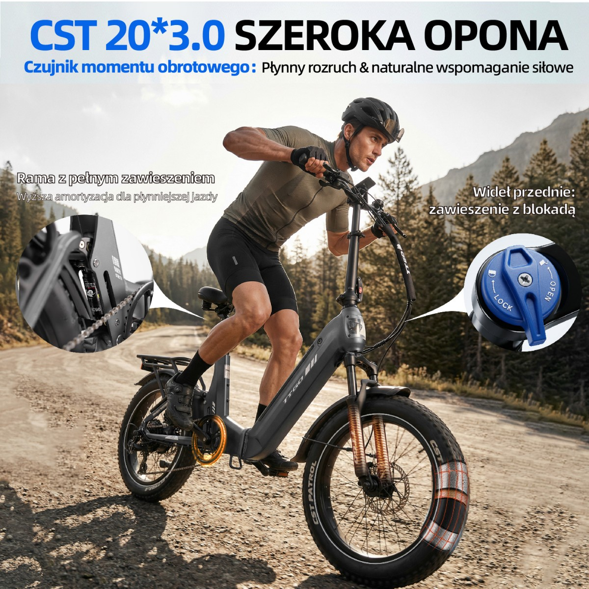 Mężczyzna jedzie rowerem elektrycznym po polnej drodze. Detale pokazują zawieszenie i blokadę widelca.