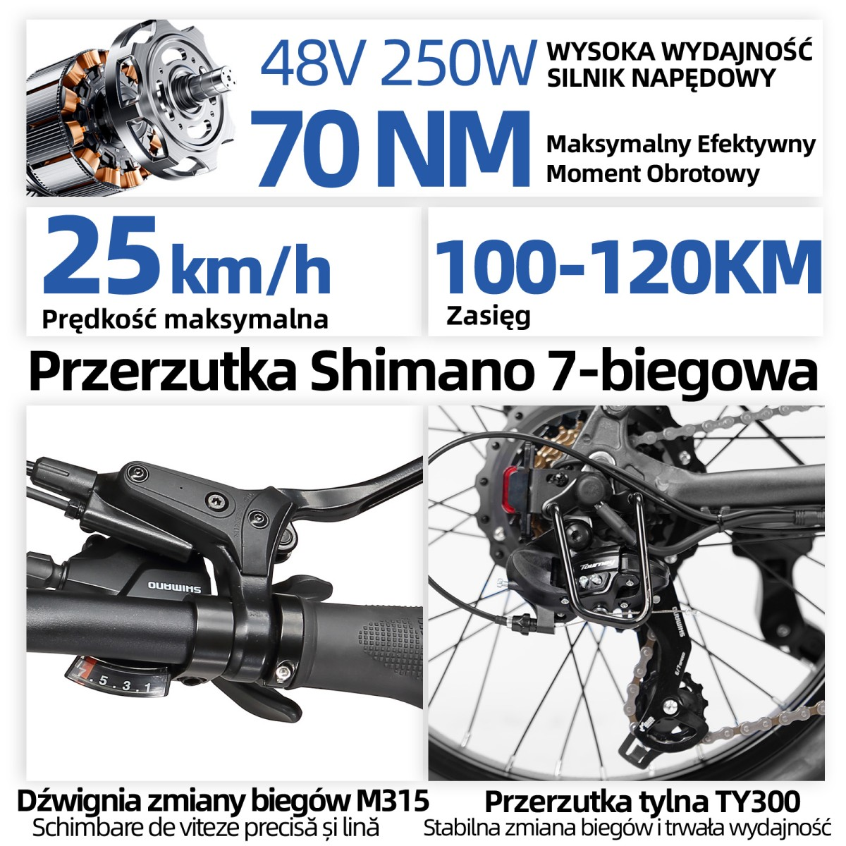 Specyfikacja e-bike: silnik 48V 250W, 70 Nm, 25 km/h, zasięg 100-120 km. Manetka i przerzutka Shimano.