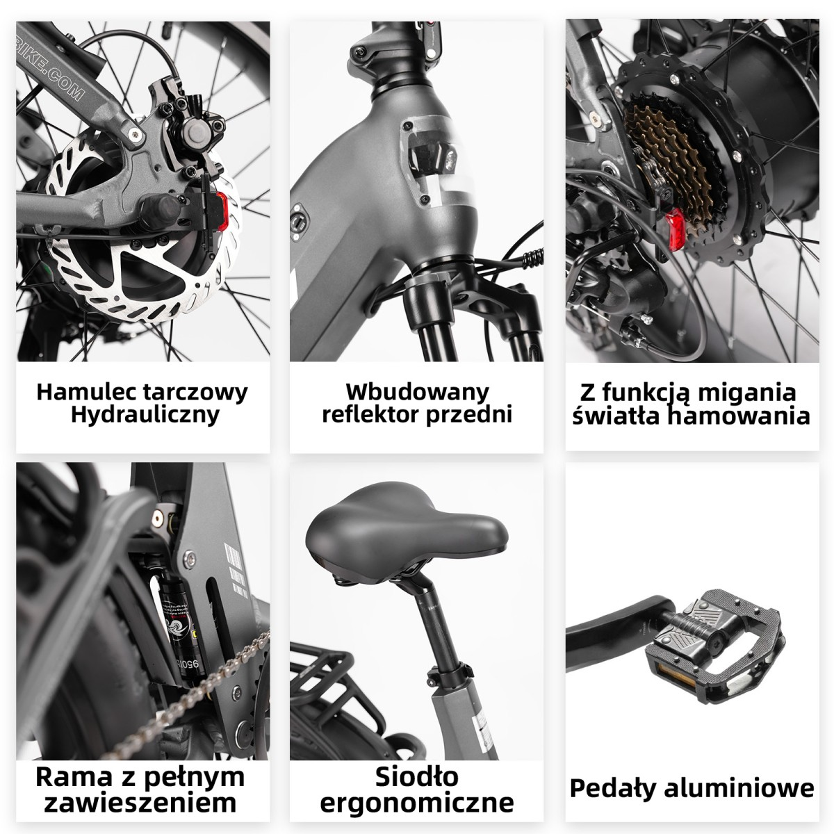 Sześć obrazów przedstawia części roweru: hamulec tarczowy, reflektor, światło hamowania, rama, siodło, pedały.