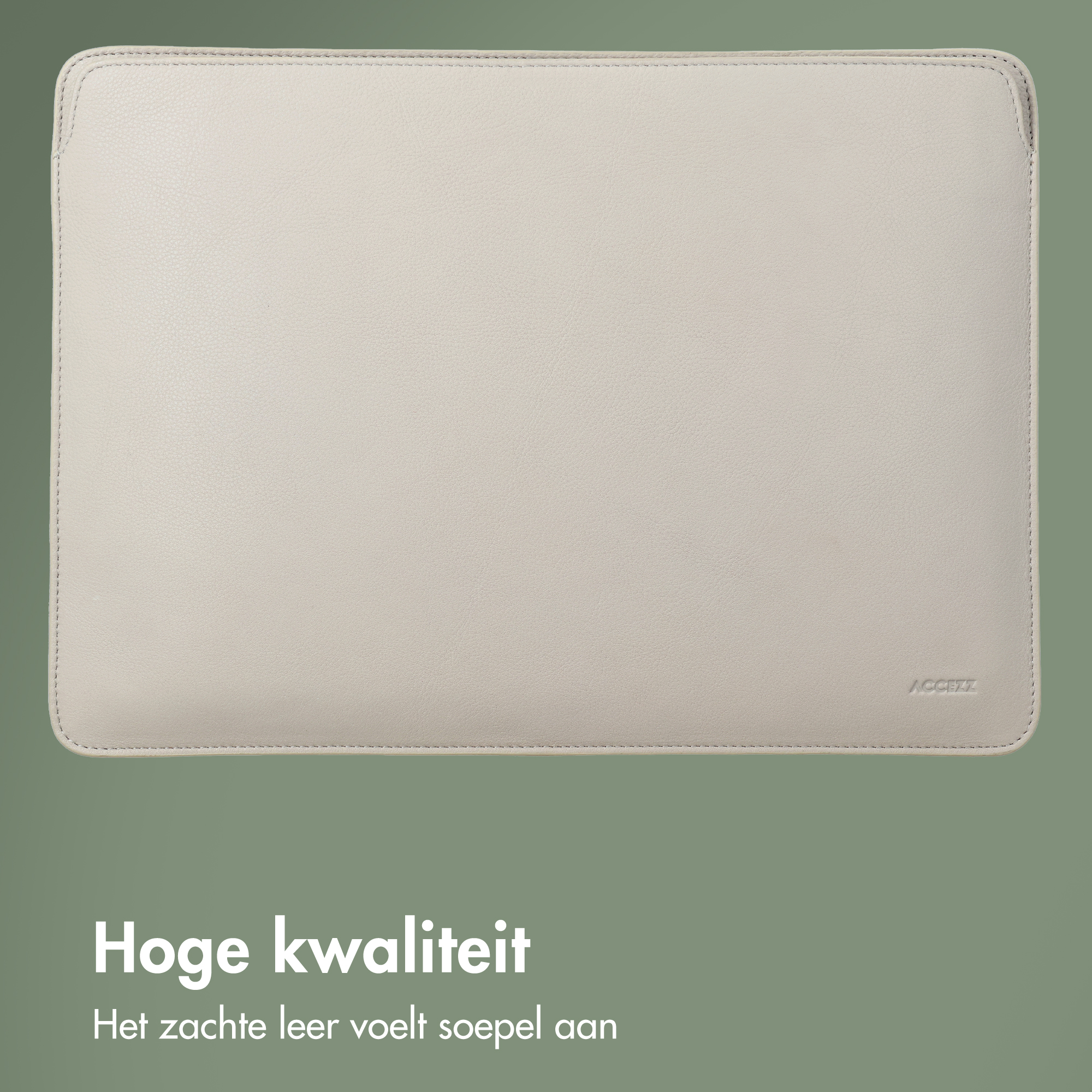 Eine hellgraue Laptoptasche aus Leder mit Nähten und einem Logo.