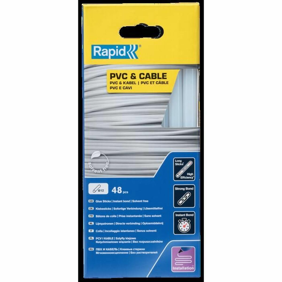 Verpackung mit Rapid Klebesticks für PVC & Kabel, 48 Stück, lösemittelfrei.