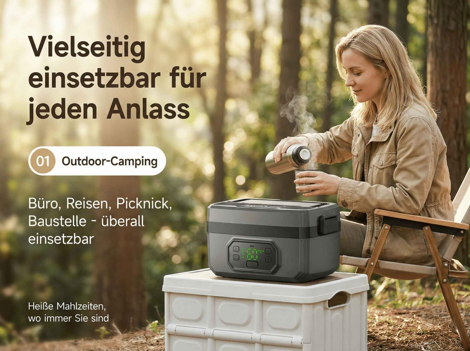 Eine Frau gießt ein heißes Getränk in eine Tasse im Freien neben einer Kühlbox.