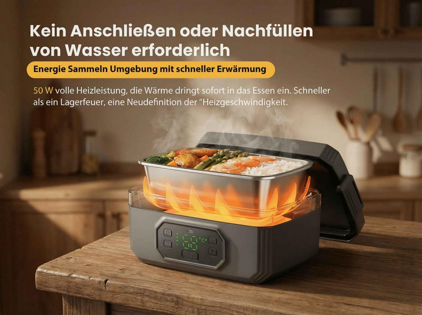Ein elektrischer Lunchbox-Wärmer mit Essen und Dampf auf einem Holztisch.