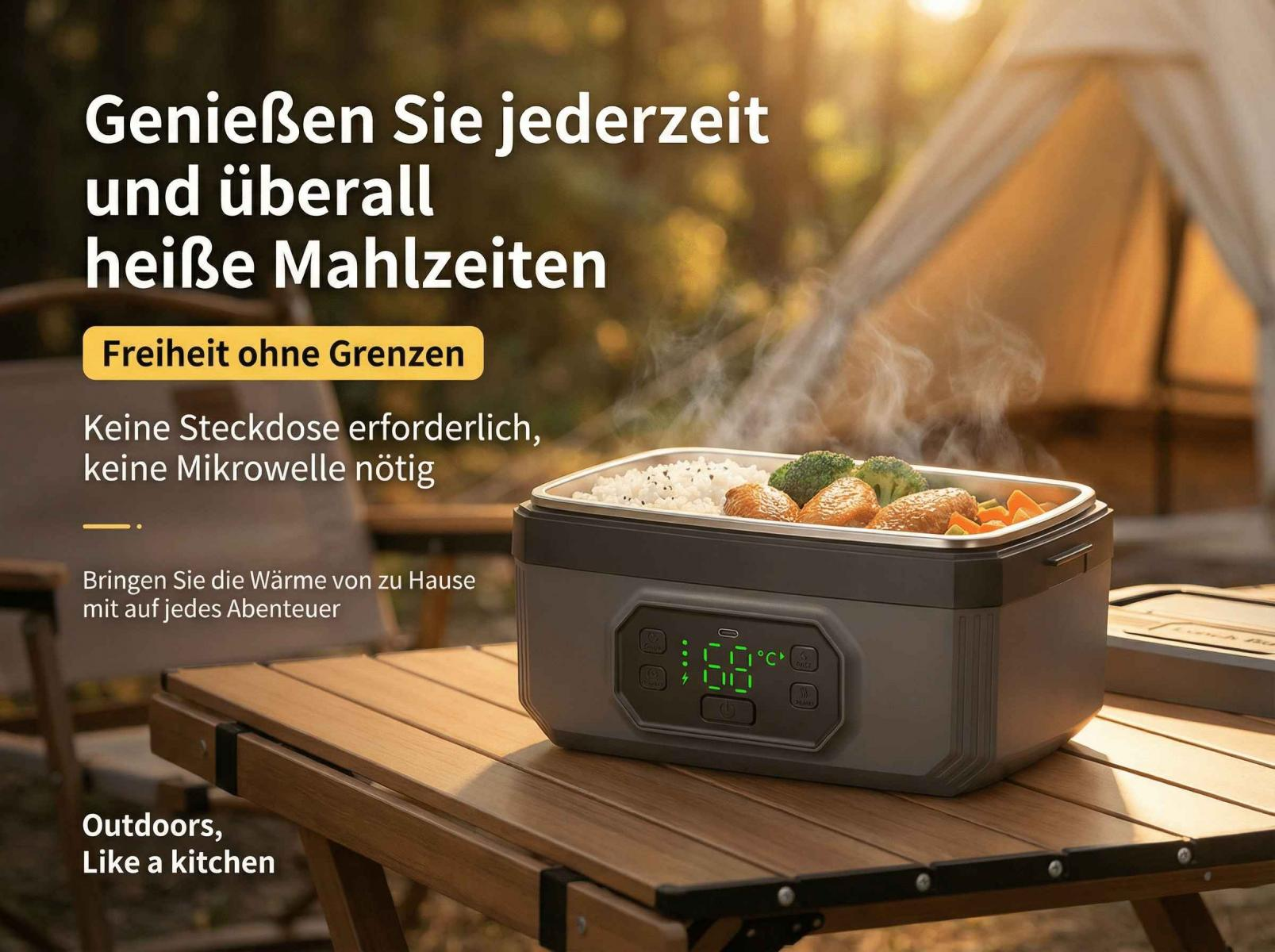 Ein tragbarer Lunchbox-Kocher mit Reis, Brokkoli und Hühnchen auf einem Holztisch.