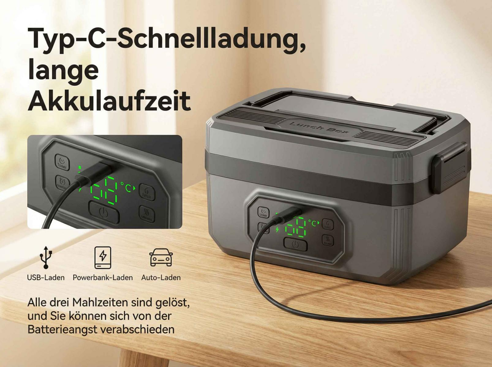 Graue Lunchbox mit digitaler Anzeige, die geladen wird. USB, Powerbank, Auto-Laden.