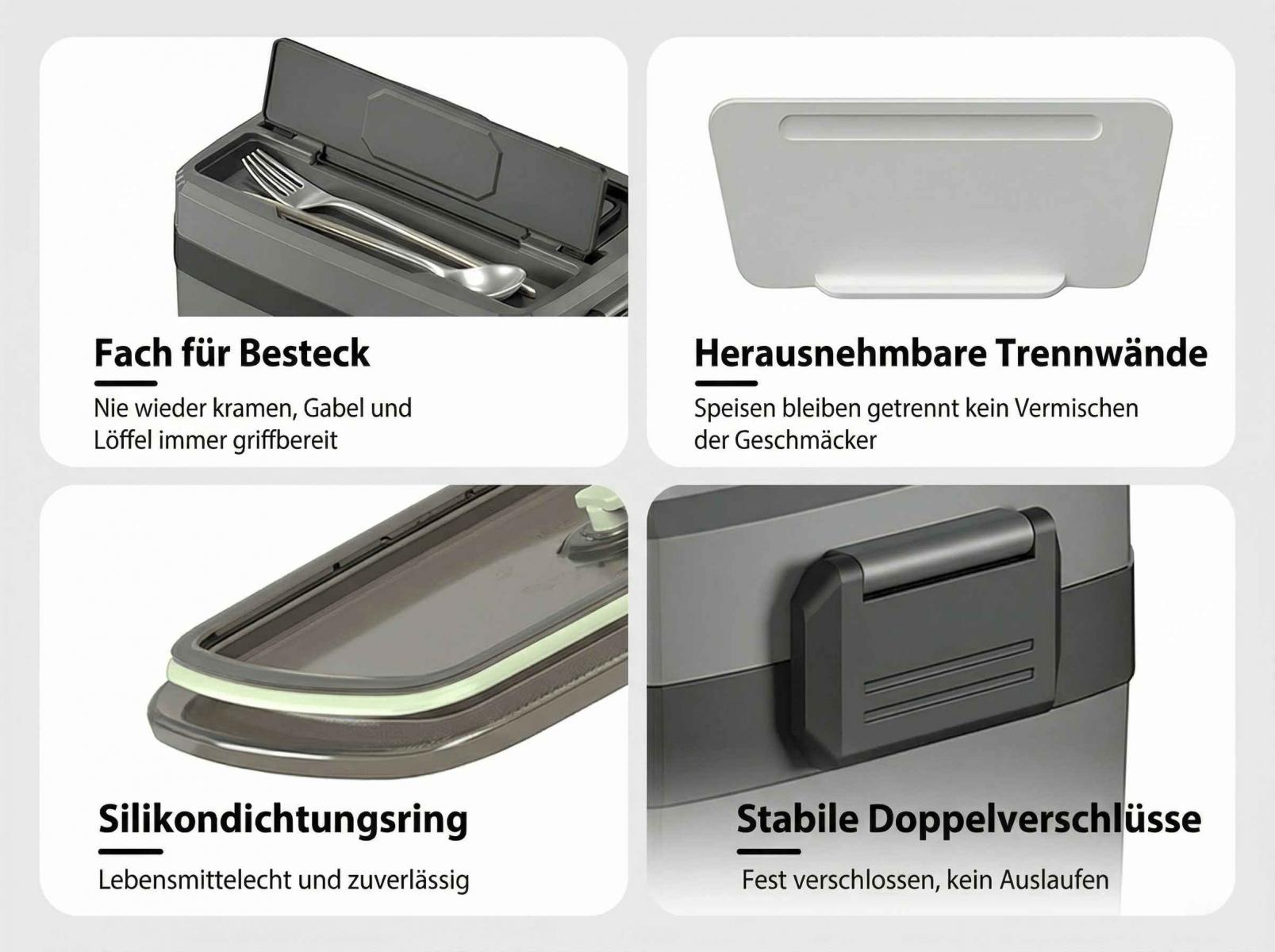 Besteckfach, Trennwände, Dichtungsring, Doppelverschlüsse eines Behälters.