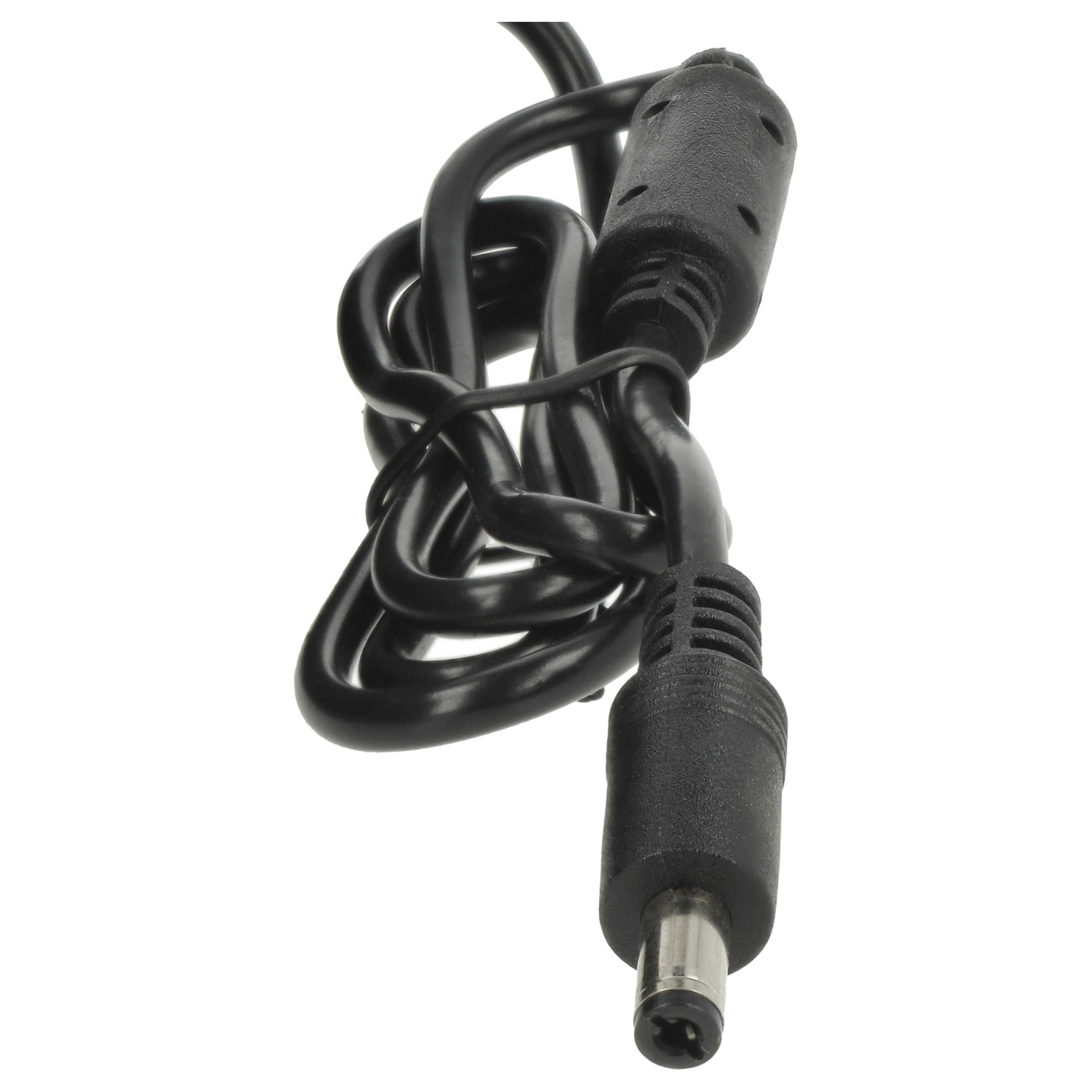 Ein schwarzes Kabel mit einem runden Stecker und einem aufgewickelten Teil.