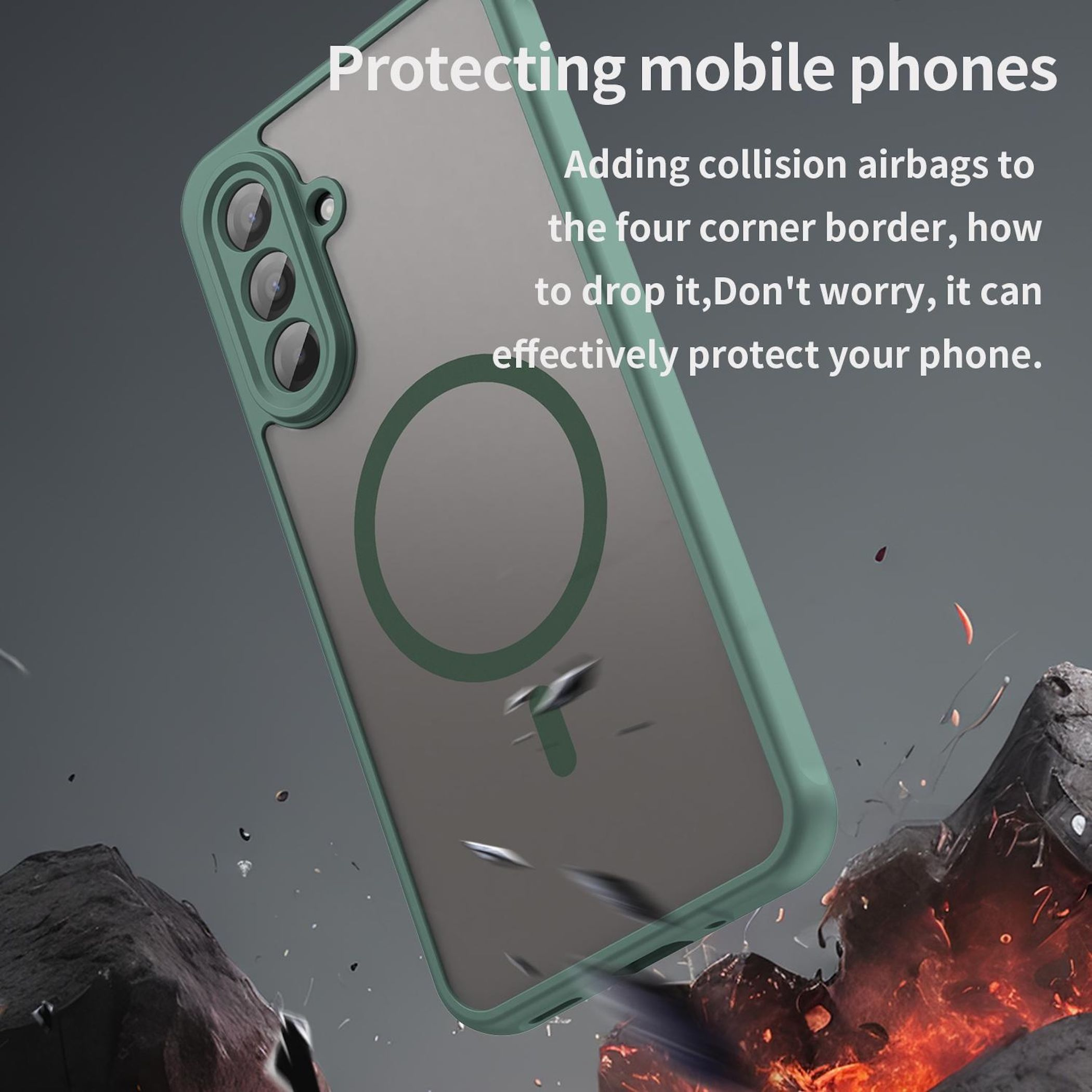 Una custodia verde per telefono con airbag protegge un telefono da rocce e fuoco.