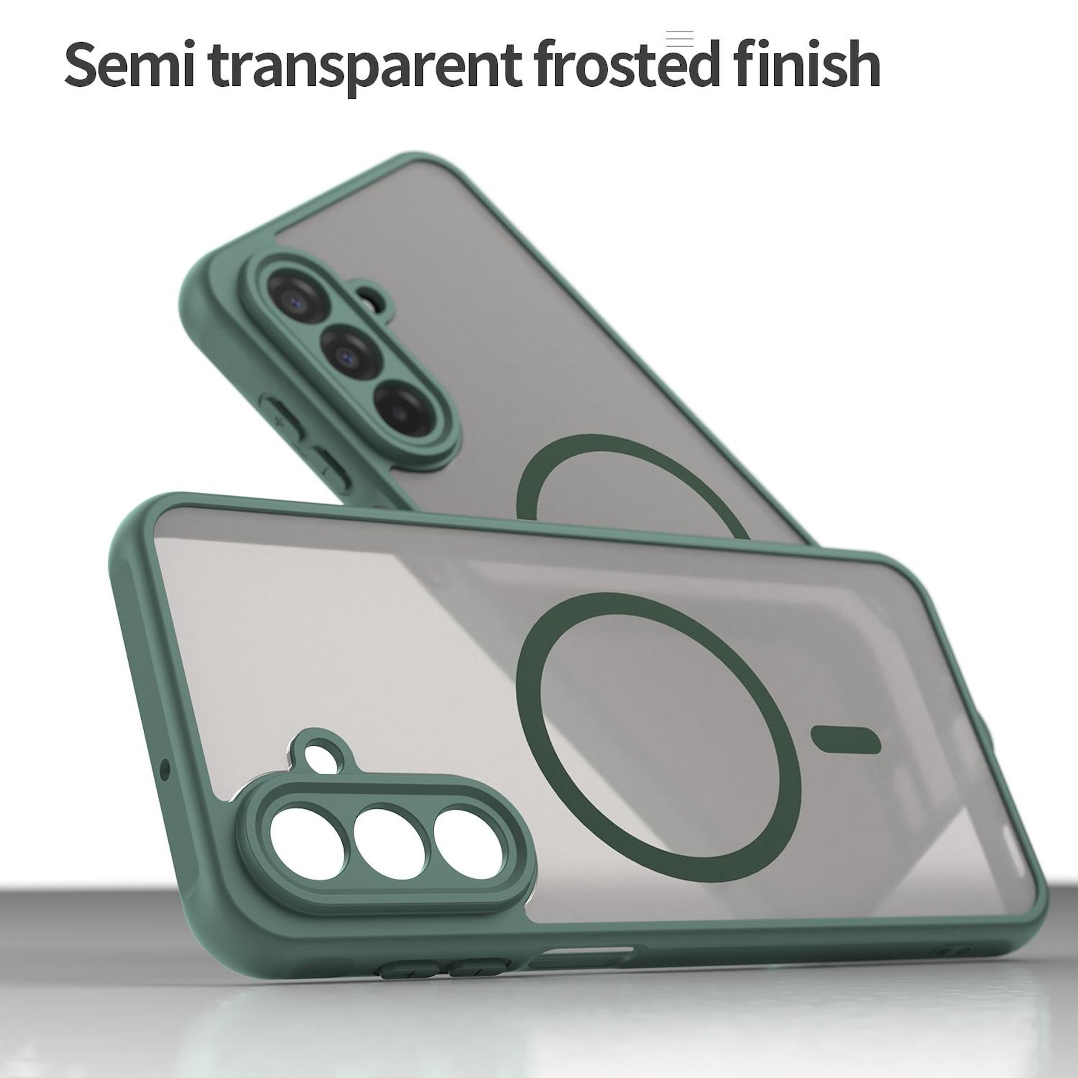Custodia semitrasparente per telefono con bordo verde e ritaglio fotocamera.