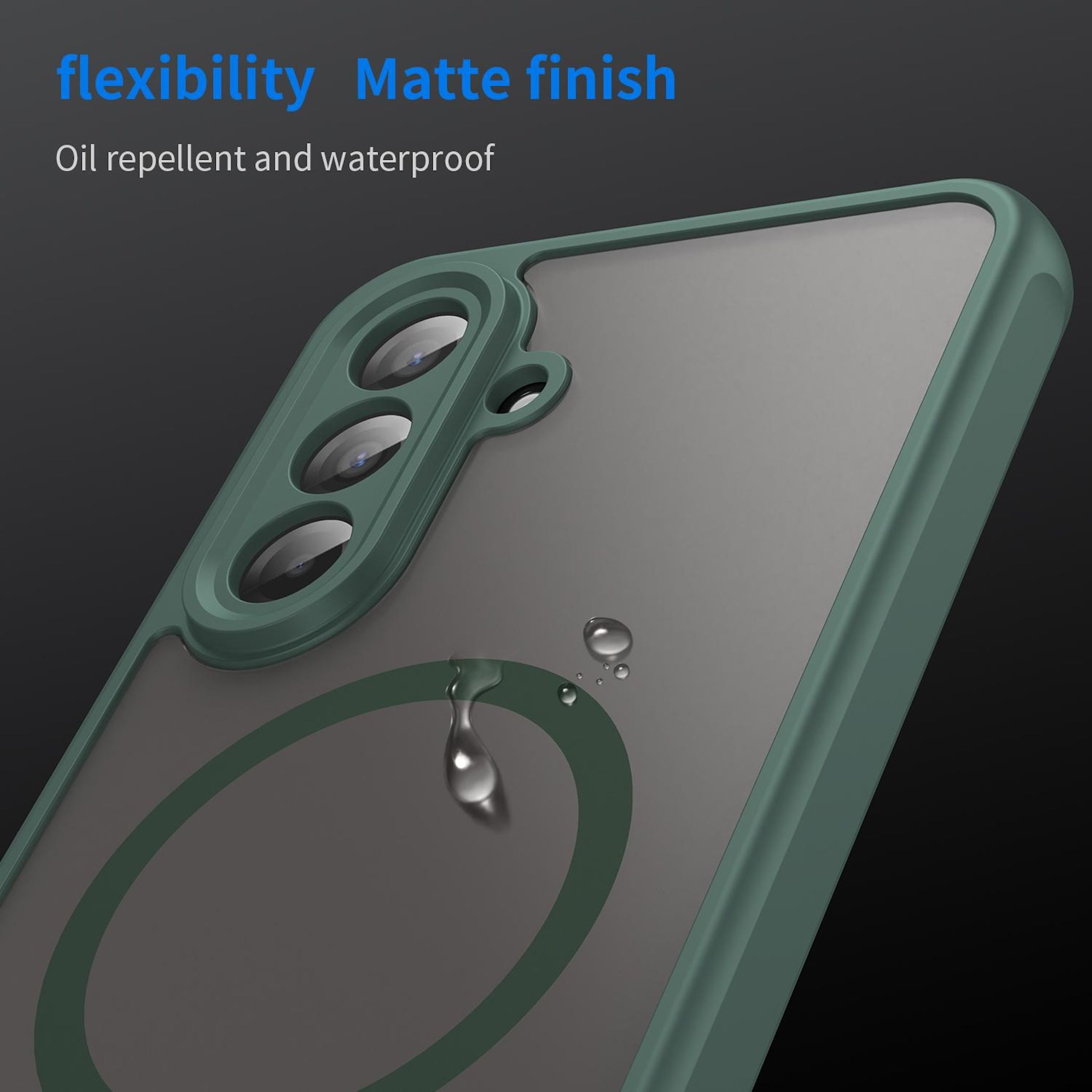 Custodia verde per telefono con tre obiettivi e gocce d'acqua.