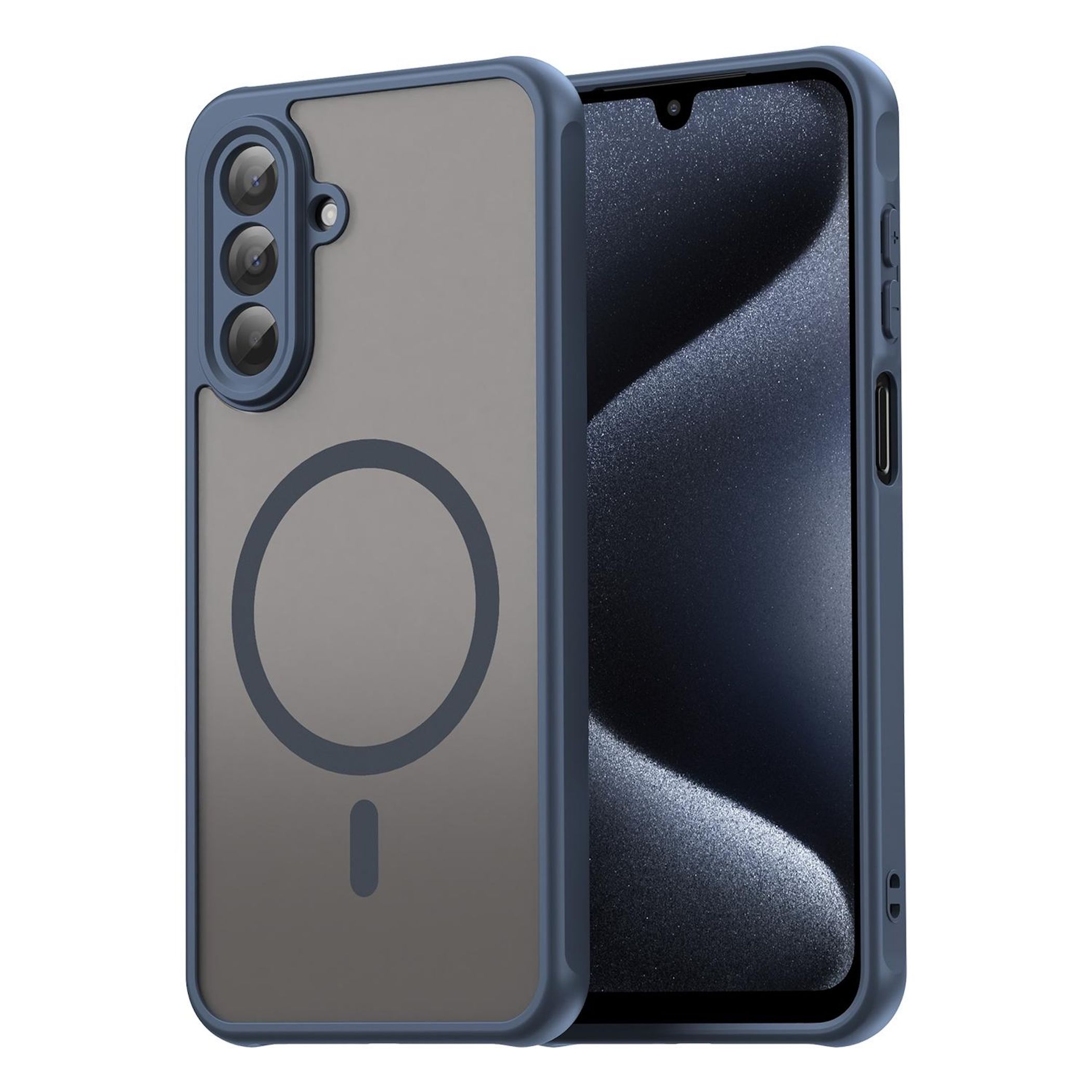 Una custodia blu per telefono con fotocamere e magnete ad anello su sfondo bianco.