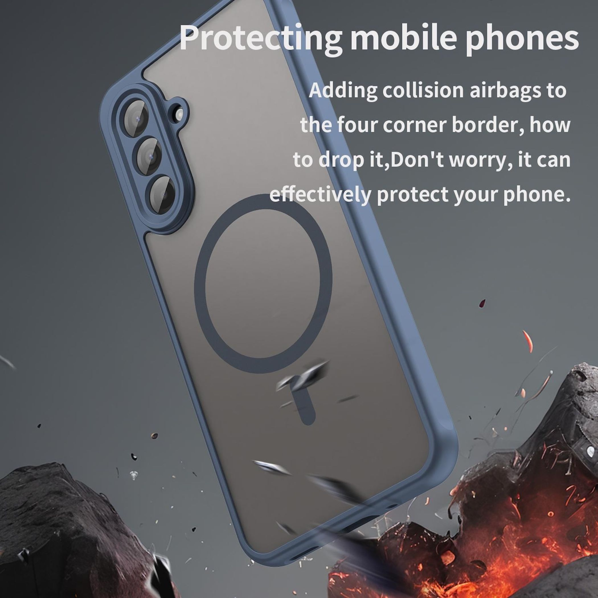 Custodia blu per telefono con airbag, circondata da detriti e fuoco.