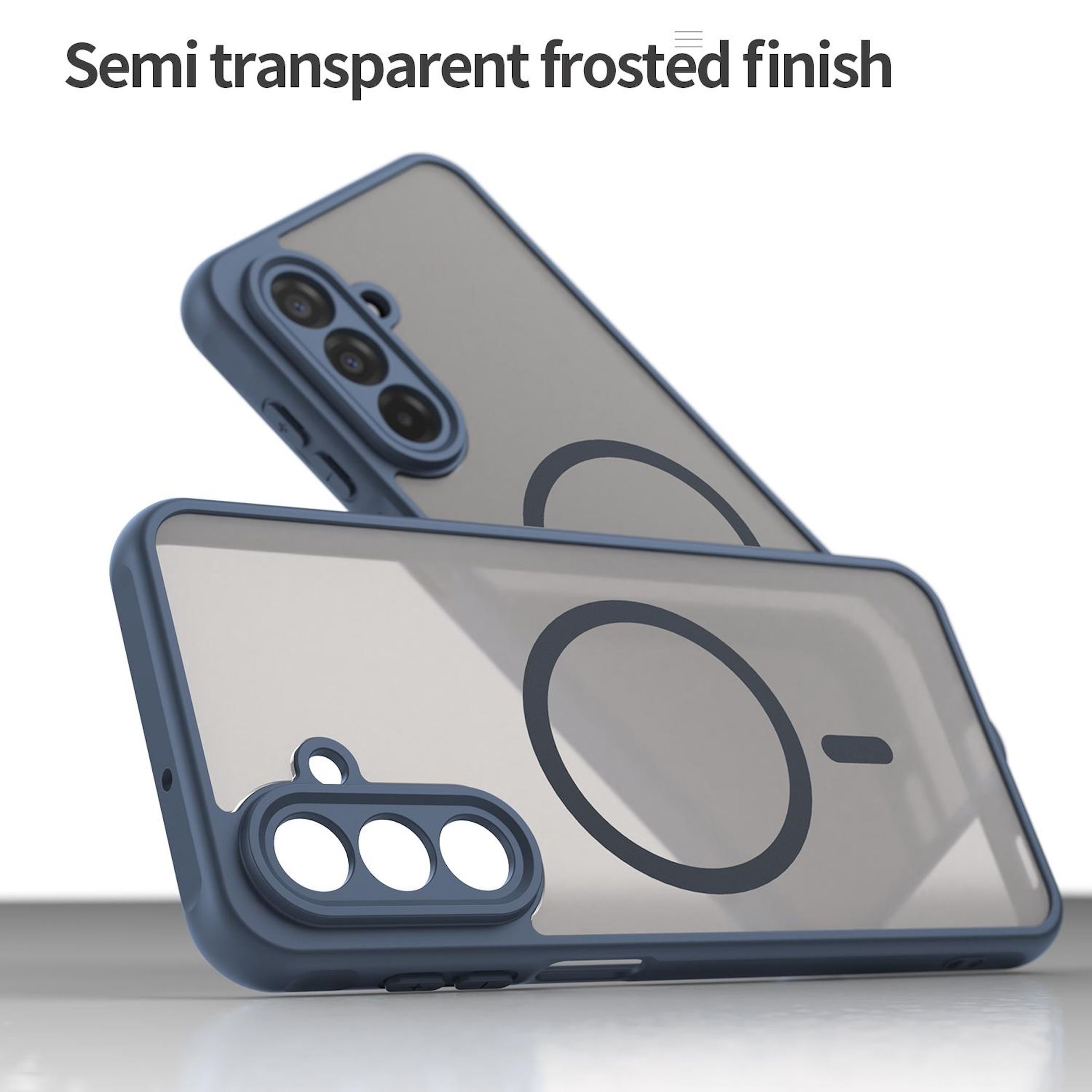 Due custodie per telefono blu smerigliate con ritagli per fotocamera e anello magnetico.