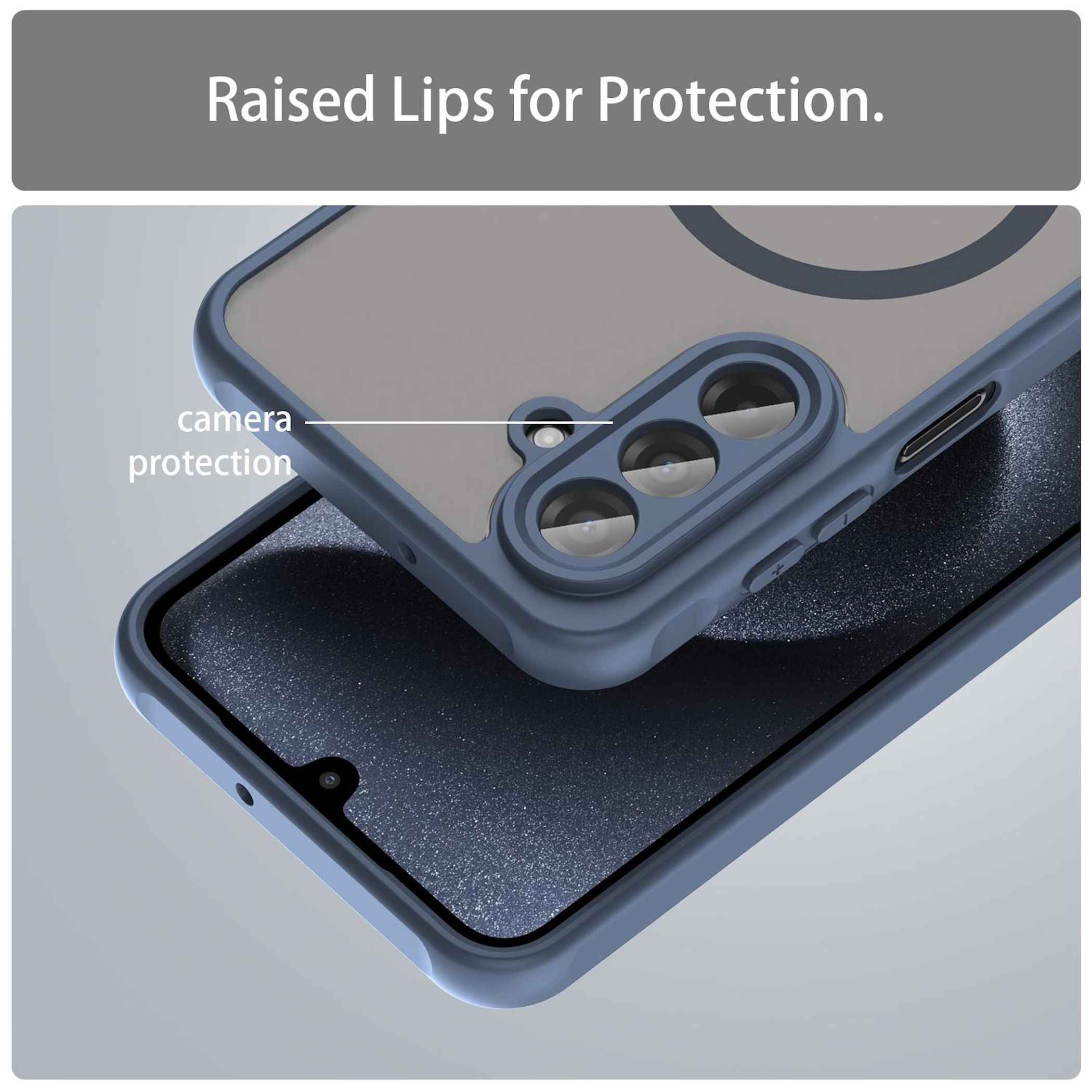 Una cover blu per telefono protegge la lente della fotocamera e lo schermo.