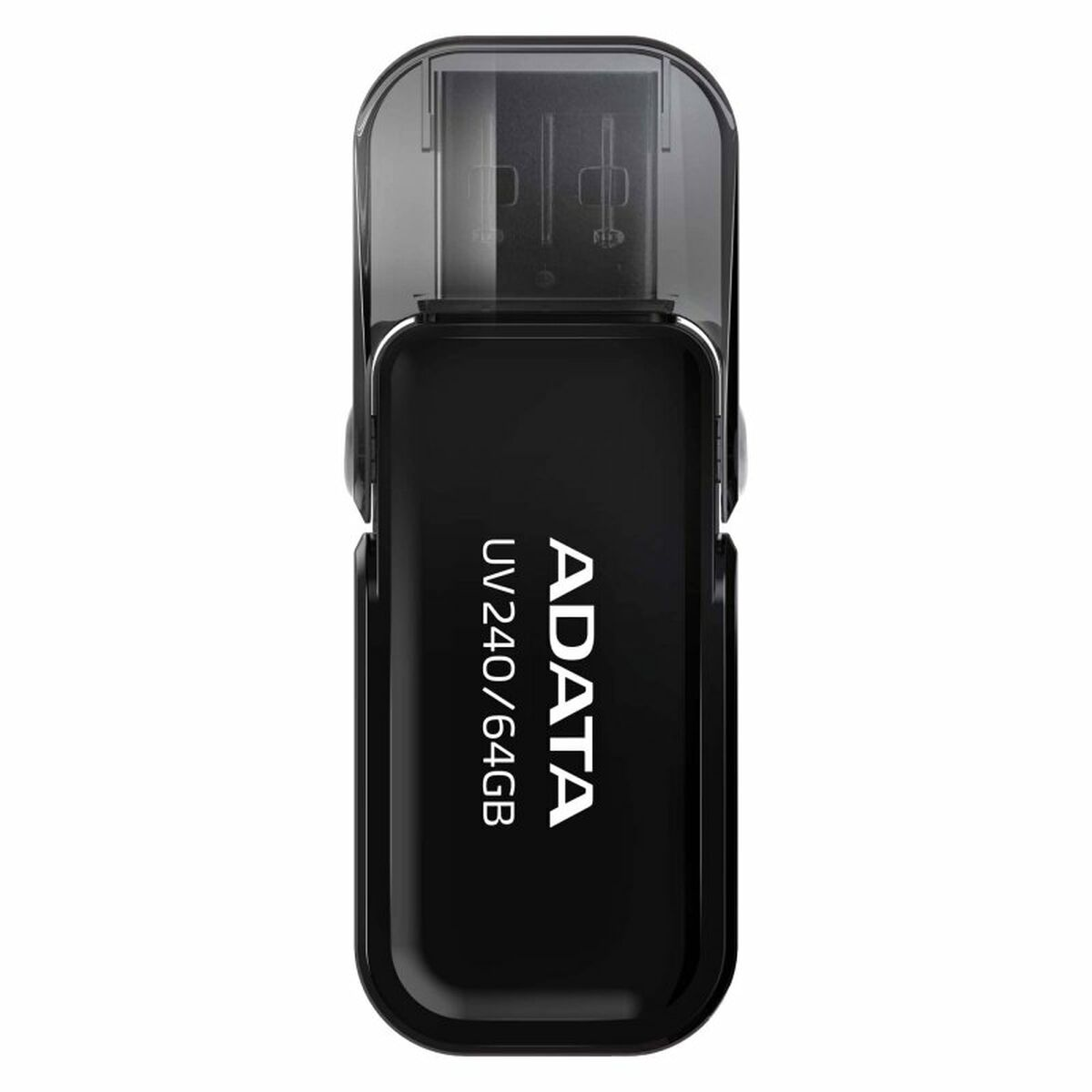 Schwarzer USB-Stick mit transparentem Deckel und ADATA-Logo.