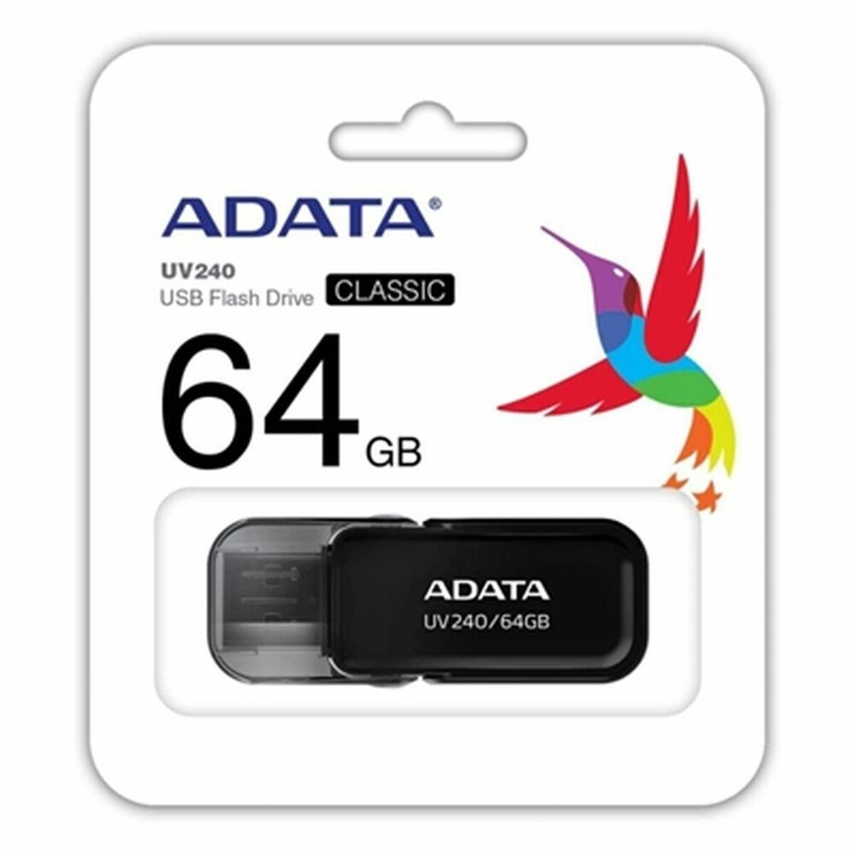 ADATA 64GB USB-Speicherstick mit buntem Kolibri-Design auf der Verpackung.