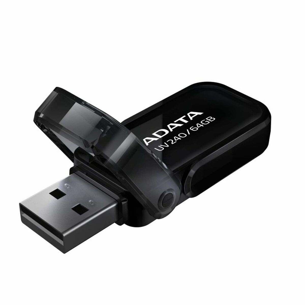Schwarzer ADATA USB-Stick UV240/64GB mit schwenkbarem Gehäuse.
