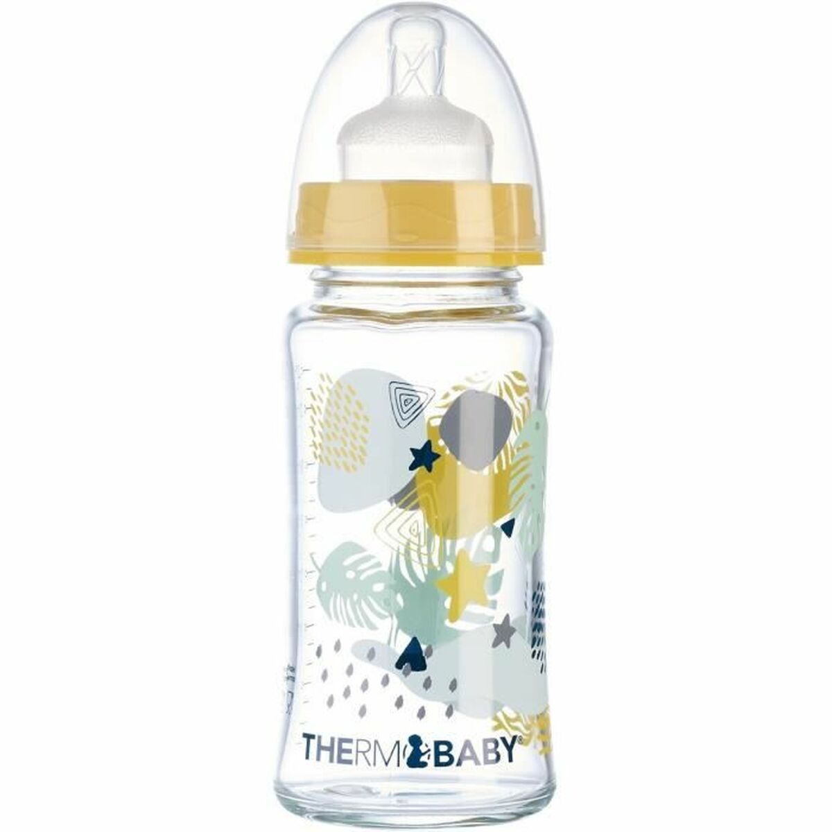 Eine durchsichtige Babyflasche mit gelbem Ring und Deckel, bedruckt mit bunten Blättern und Sternen.