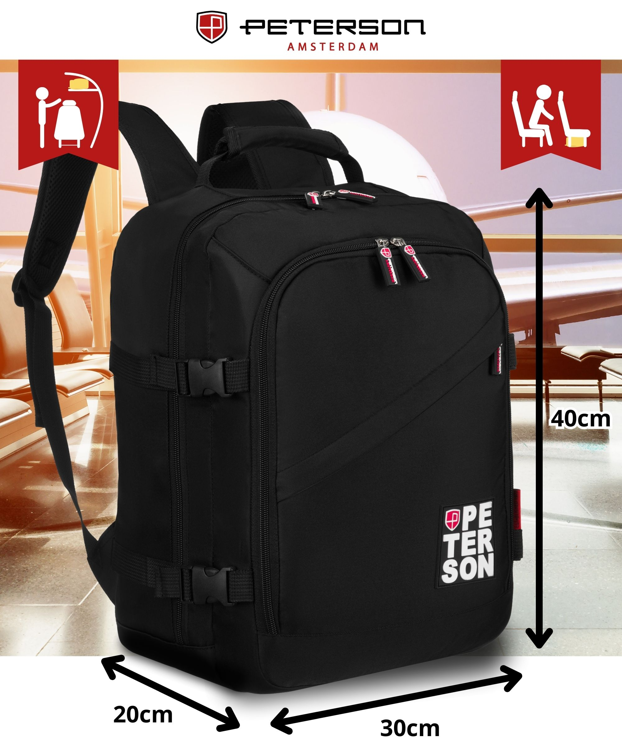 Czarny plecak, wymiary 40x30x20cm, logo Peterson, w otoczeniu lotniska.