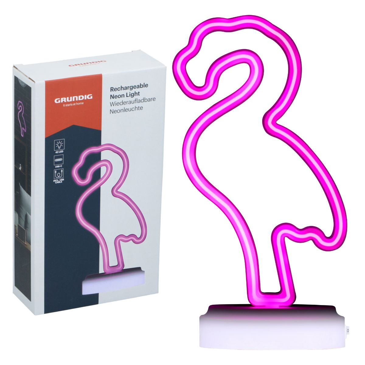 Een roze neon flamingo lamp met witte voet en verpakking.