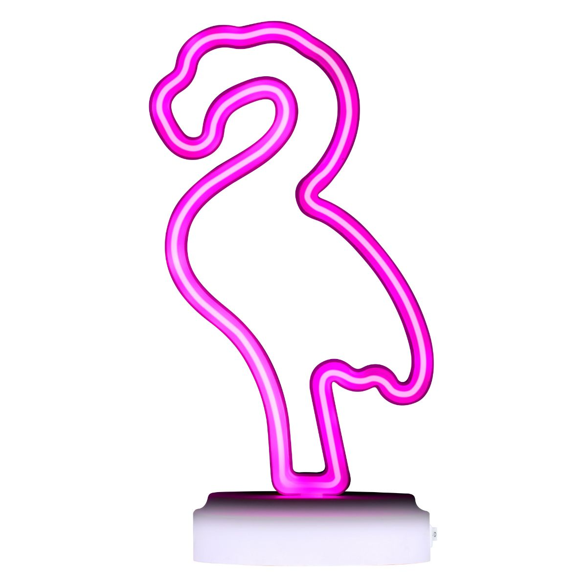 Een roze neon flamingo bord staat op een witte voet.
