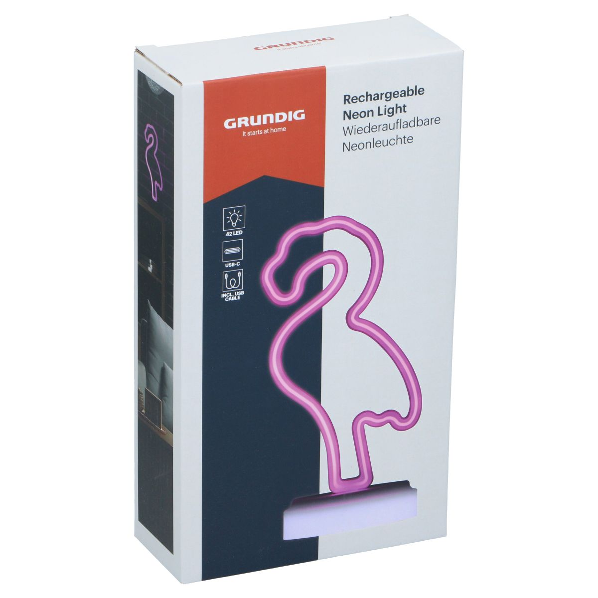Verpakking voor een oplaadbare flamingo neonlamp met 42 LED's en USB-C.