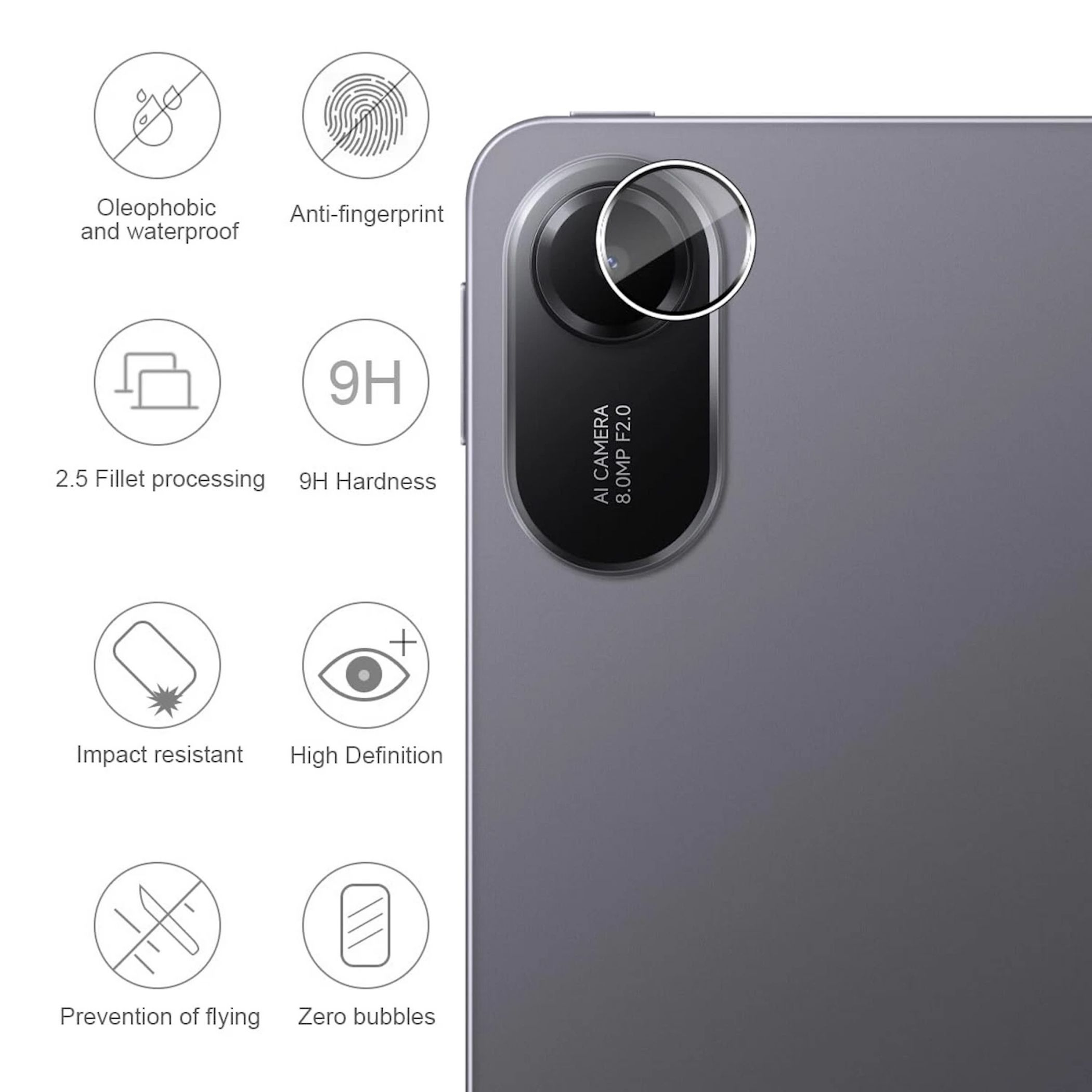 Retro di uno smartphone con modulo fotocamera e icone funzionali.