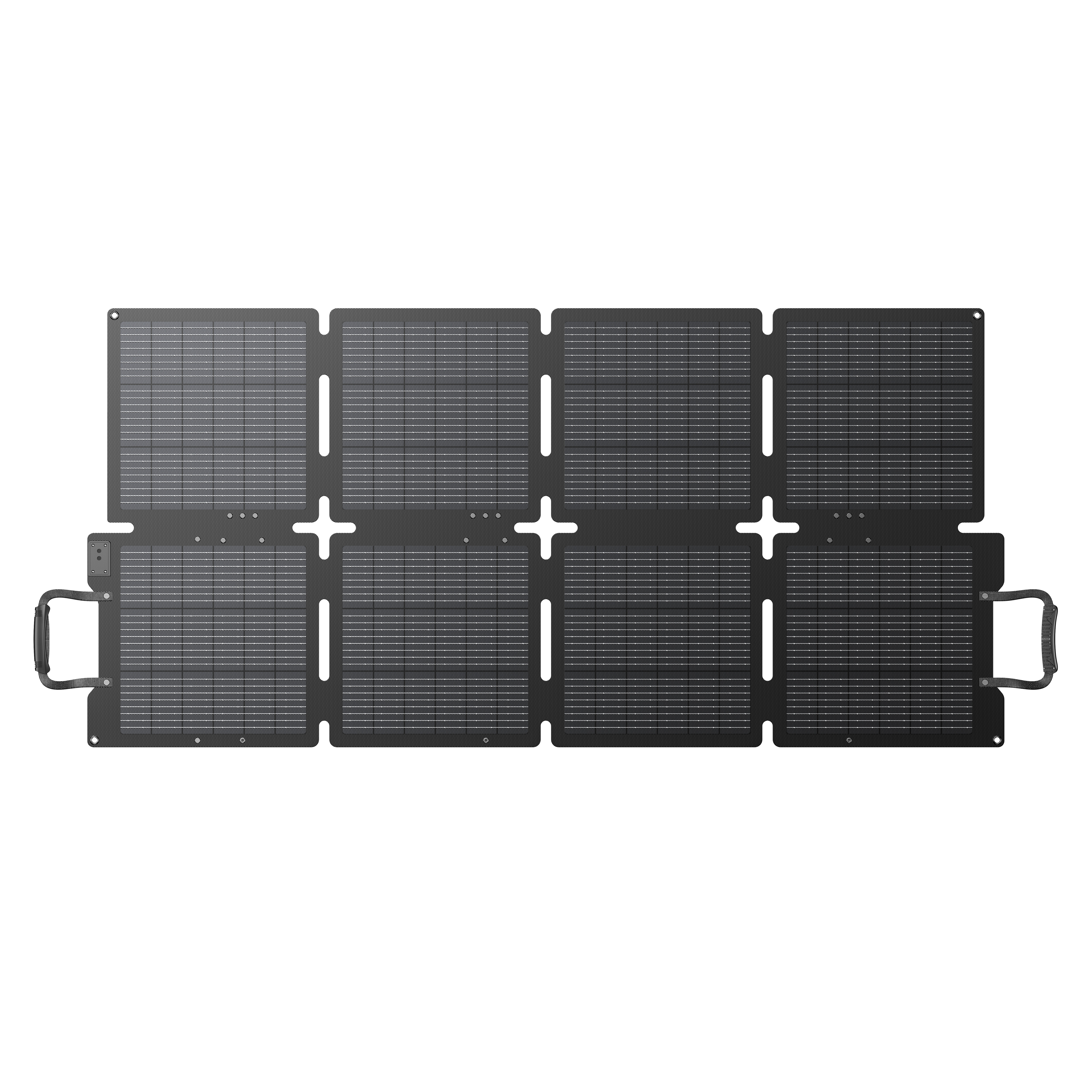 Ein schwarzes, faltbares Solarpanel mit acht Segmenten und Tragegriffen.