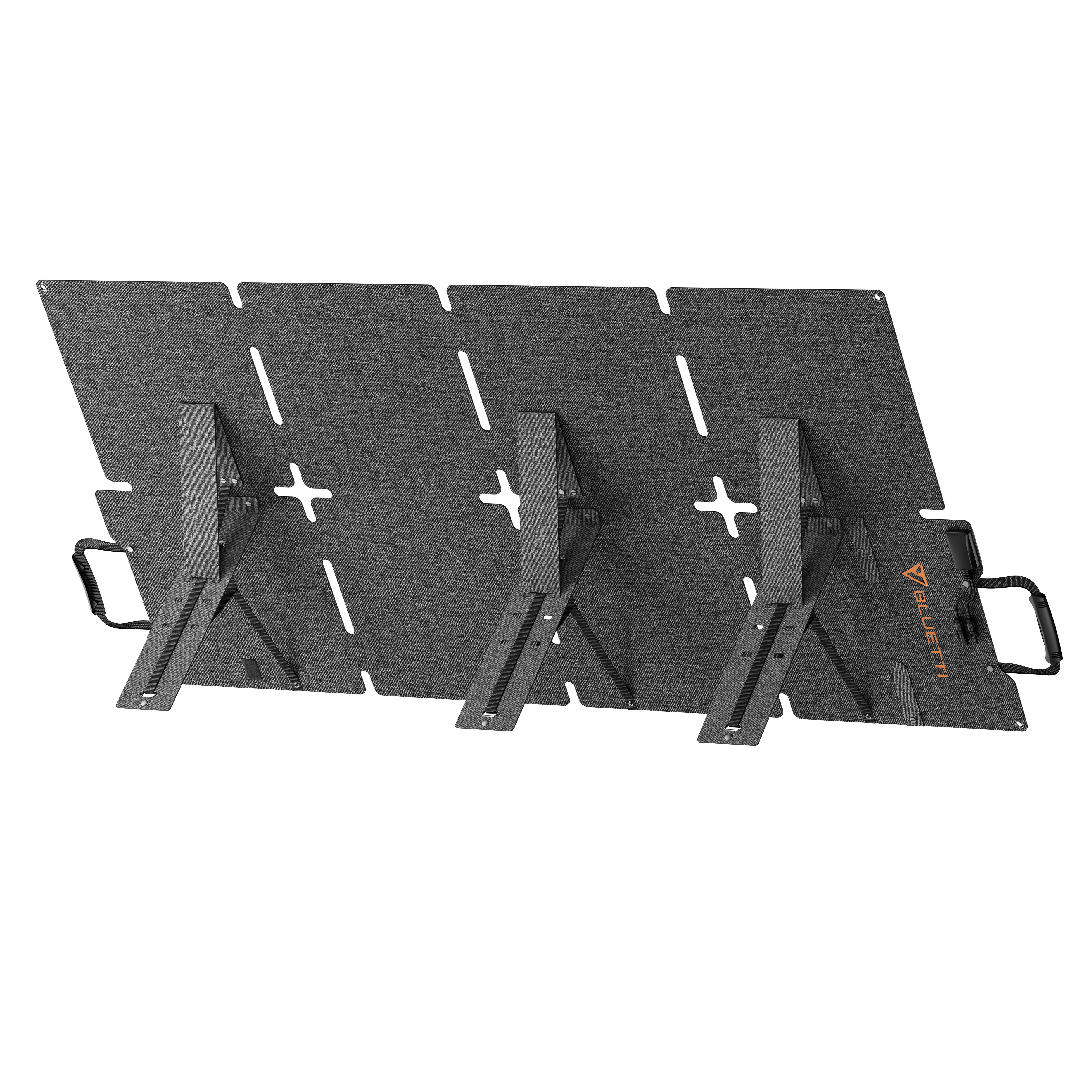 Ein dunkelgraues, faltbares Solarpanel mit Ständern und Tragegriffen.