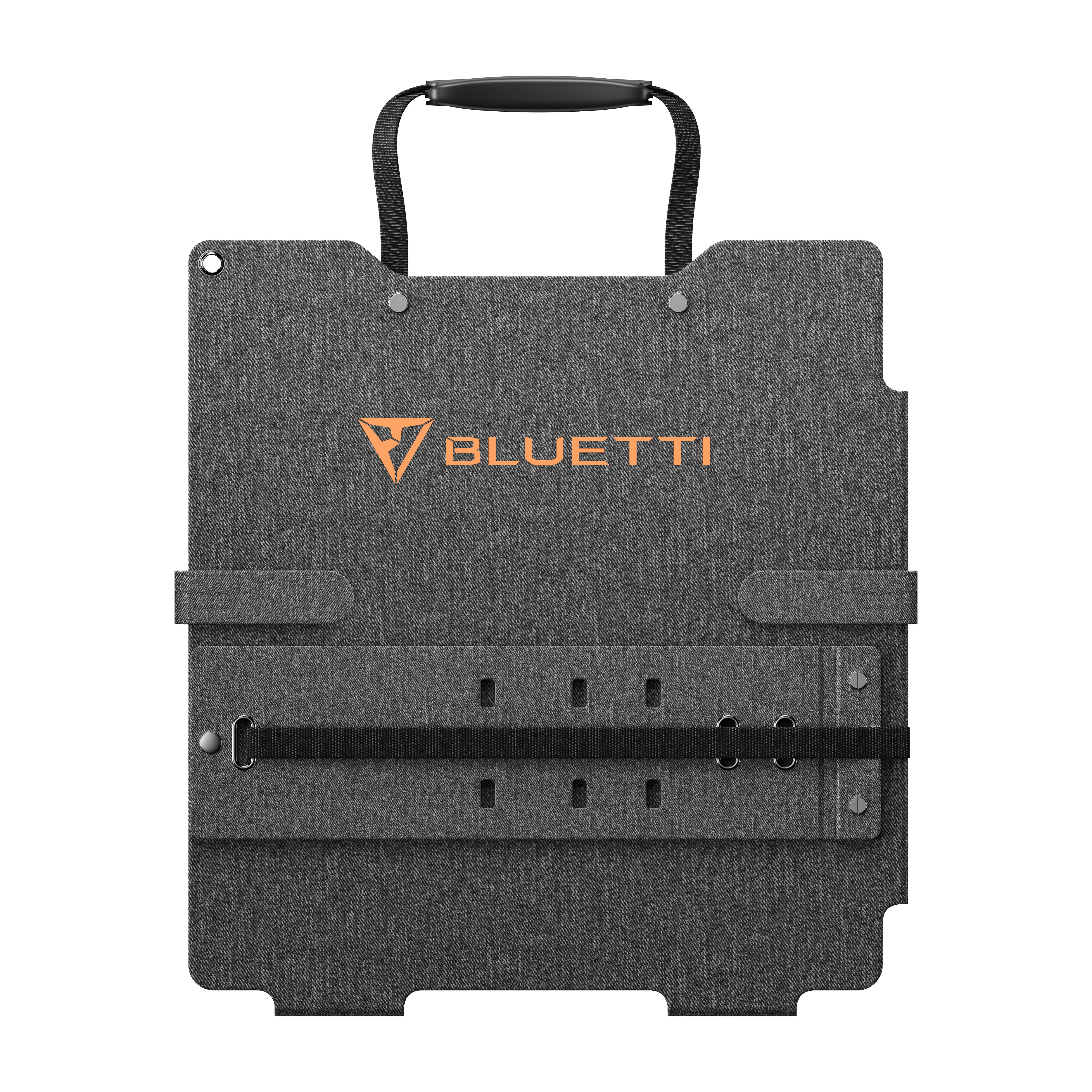 Graues faltbares Solarpanel mit Tragegriff und BLUETTI-Logo.