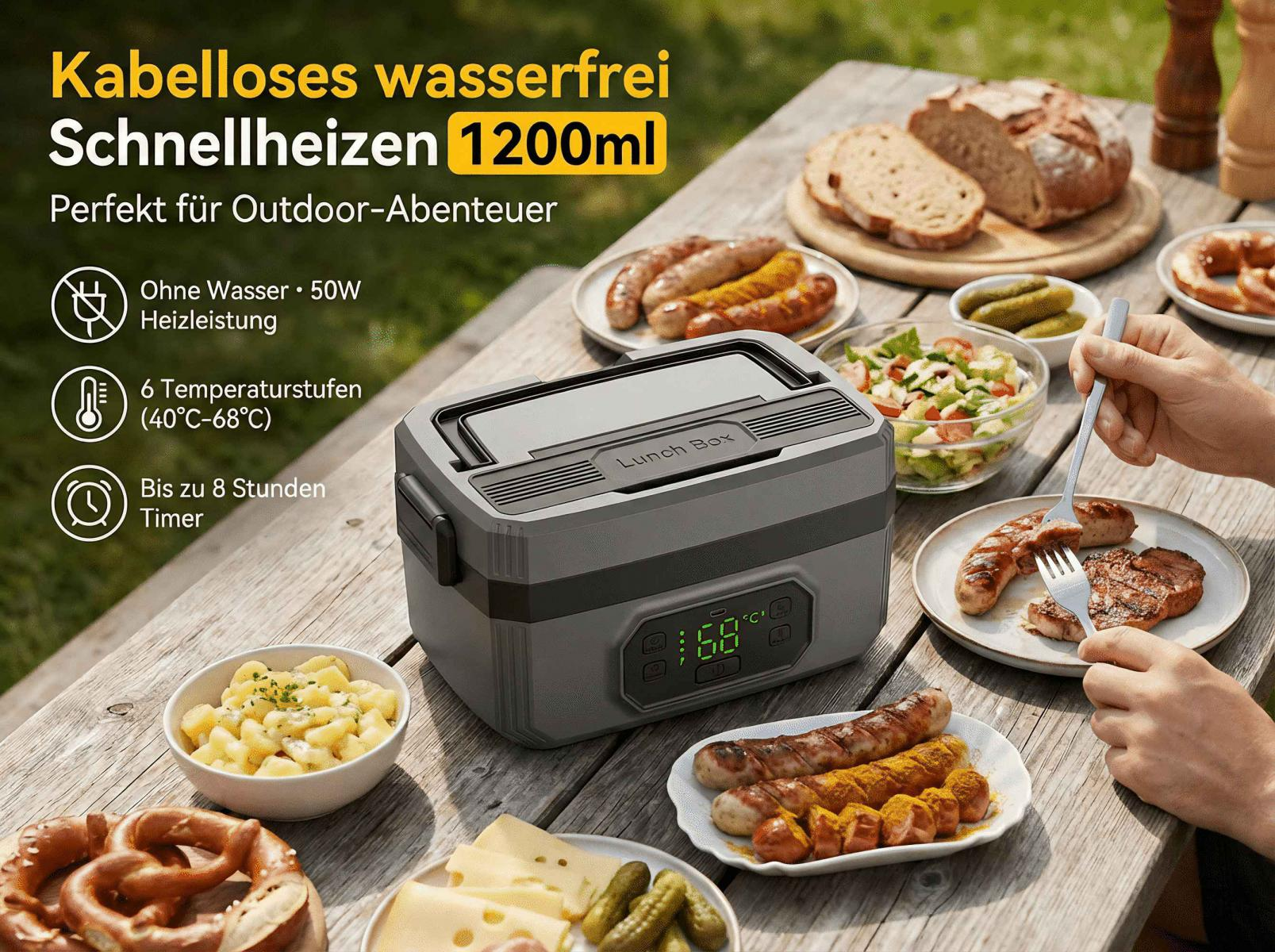 Ein tragbarer Lunchbox-Heizer steht auf einem Holztisch mit Essen wie Würstchen, Brot und Salat.