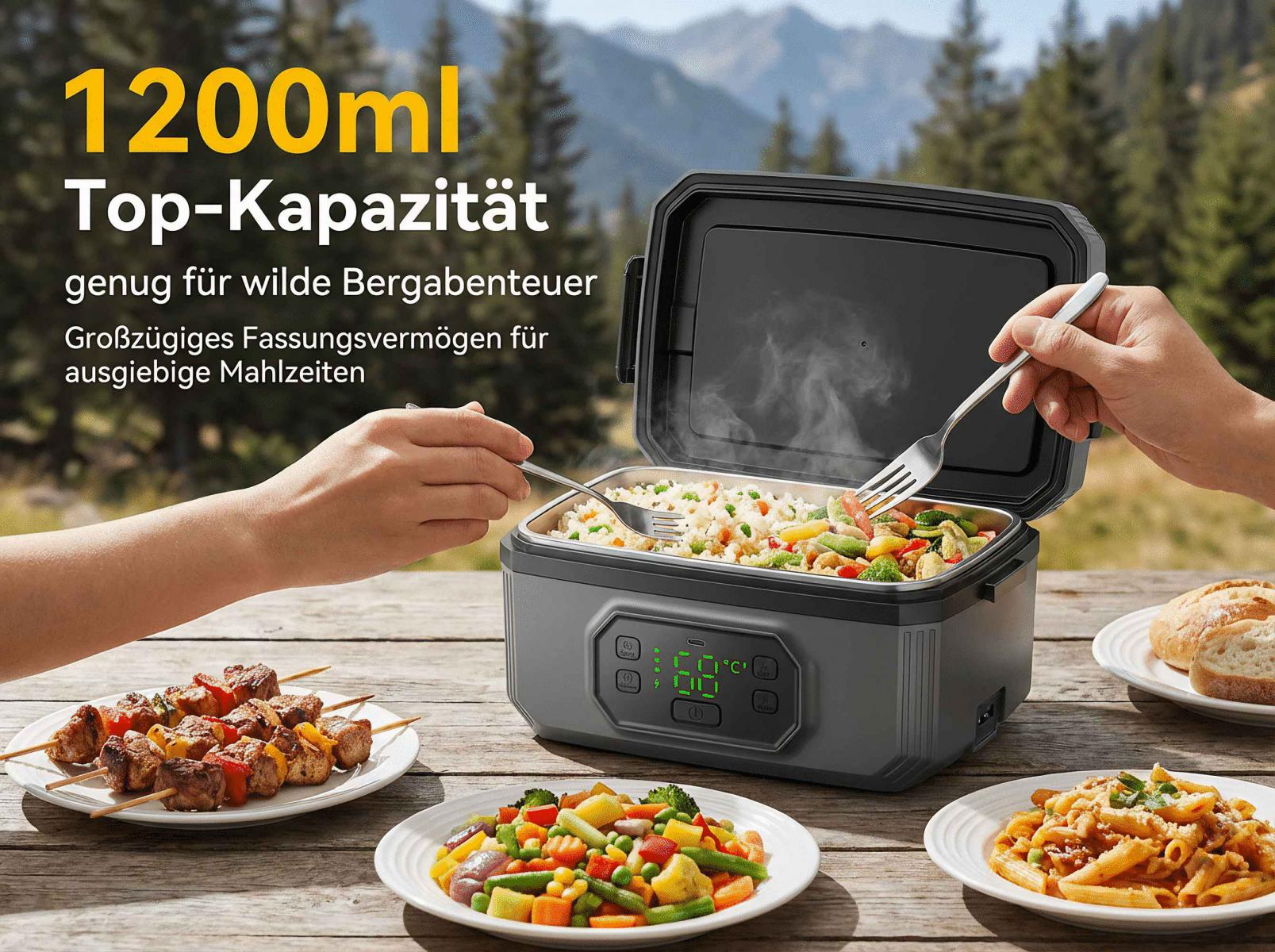 Ein Thermobehälter mit Essen, umgeben von Mahlzeiten im Freien, mit Bergen im Hintergrund.
