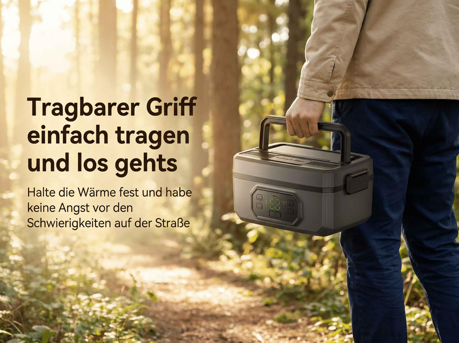 Mann trägt grauen Kühlbox mit Griff im Wald. Digitale Anzeige auf der Box.