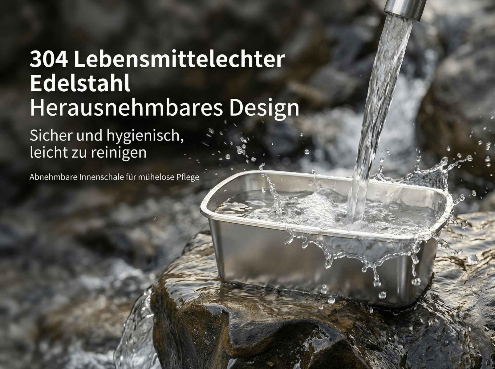 Wasser fließt in ein Metallgefäß auf einem Felsen.