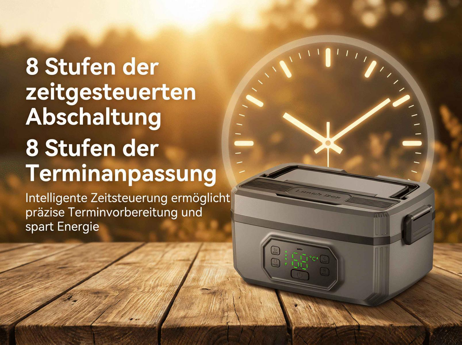 Graue Lunchbox mit digitaler Anzeige vor einem beleuchteten Uhrenhintergrund.