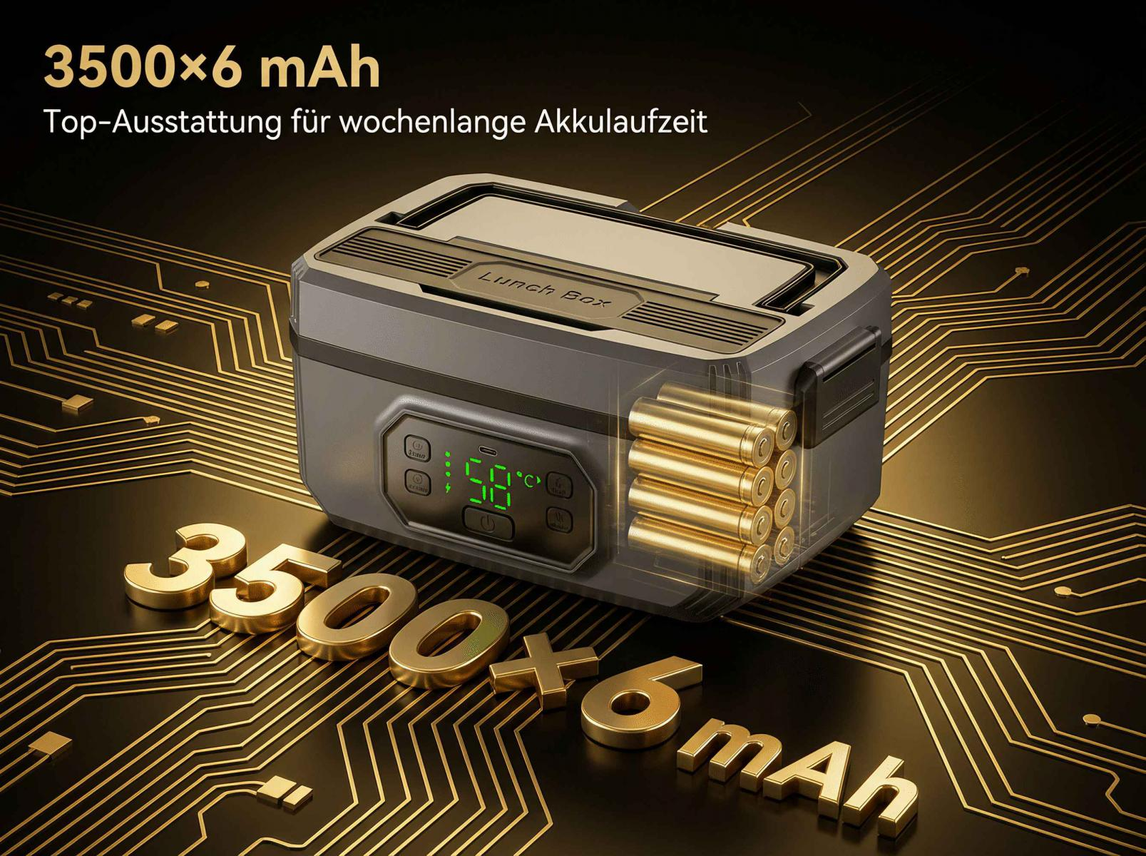 Lunchbox mit 3500x6 mAh Akku, auf Leiterplatte mit goldenen Spuren.