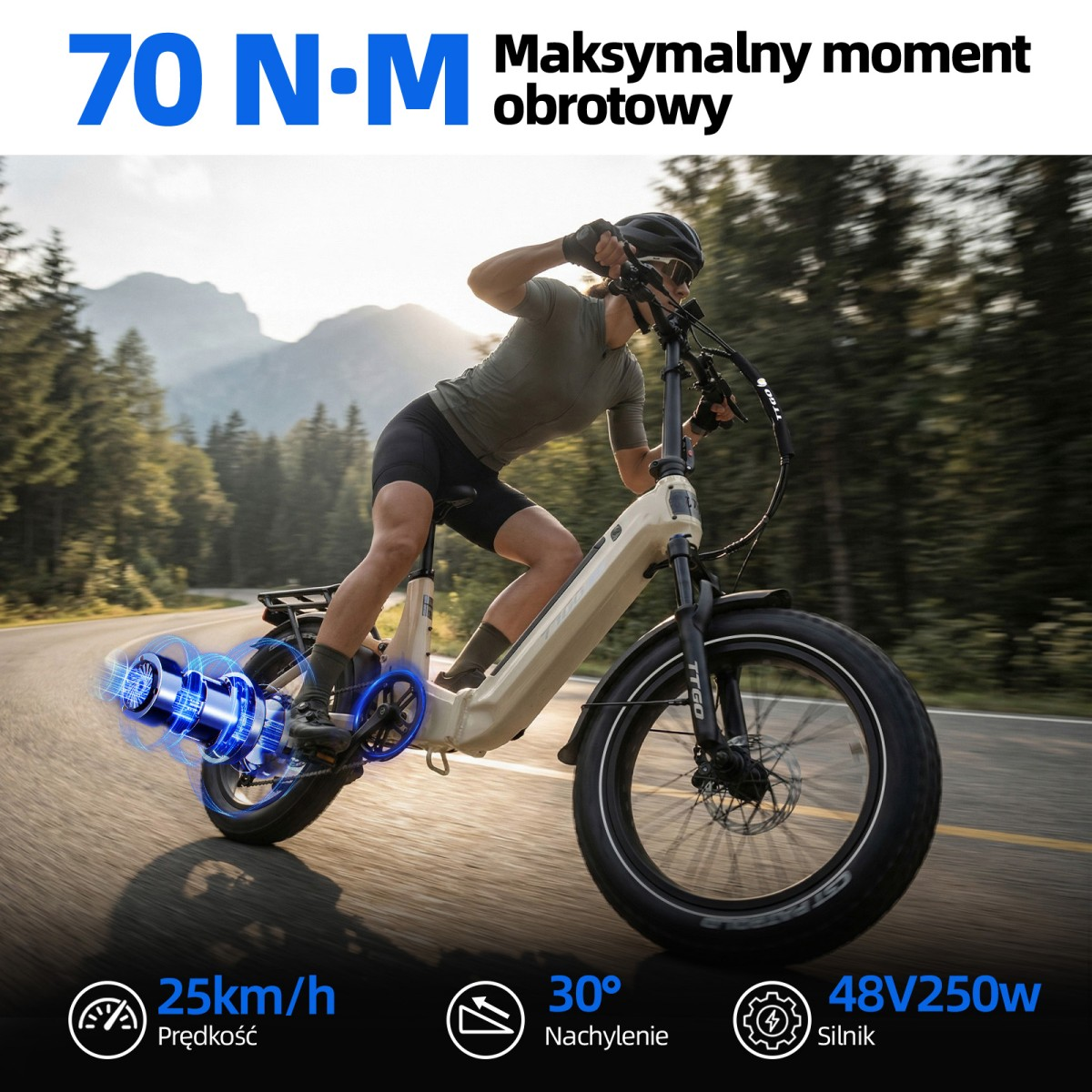 Rower elektryczny na drodze, 70 Nm, 25 km/h, 30 stopni, 48V 250W.