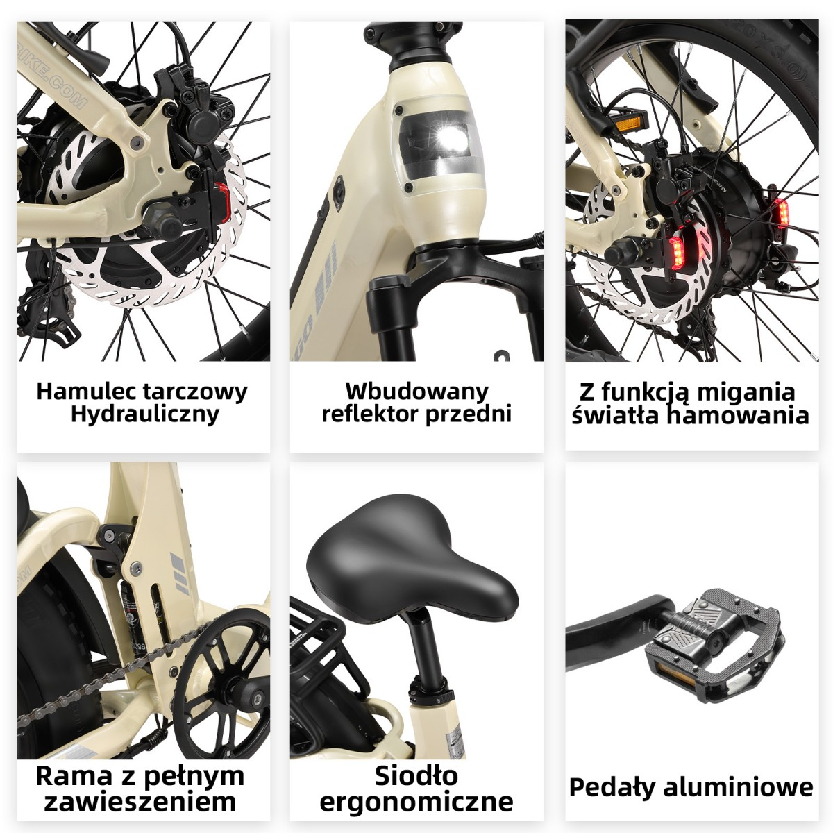 Szczegóły roweru elektrycznego: hamulec tarczowy, reflektor, światło hamowania.