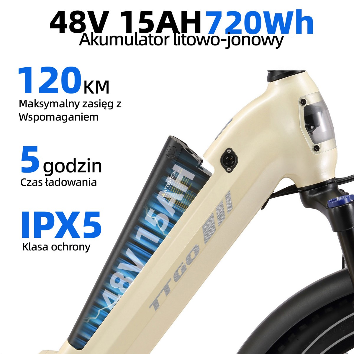 Zbliżenie kremowego roweru elektrycznego z wyjętą baterią.