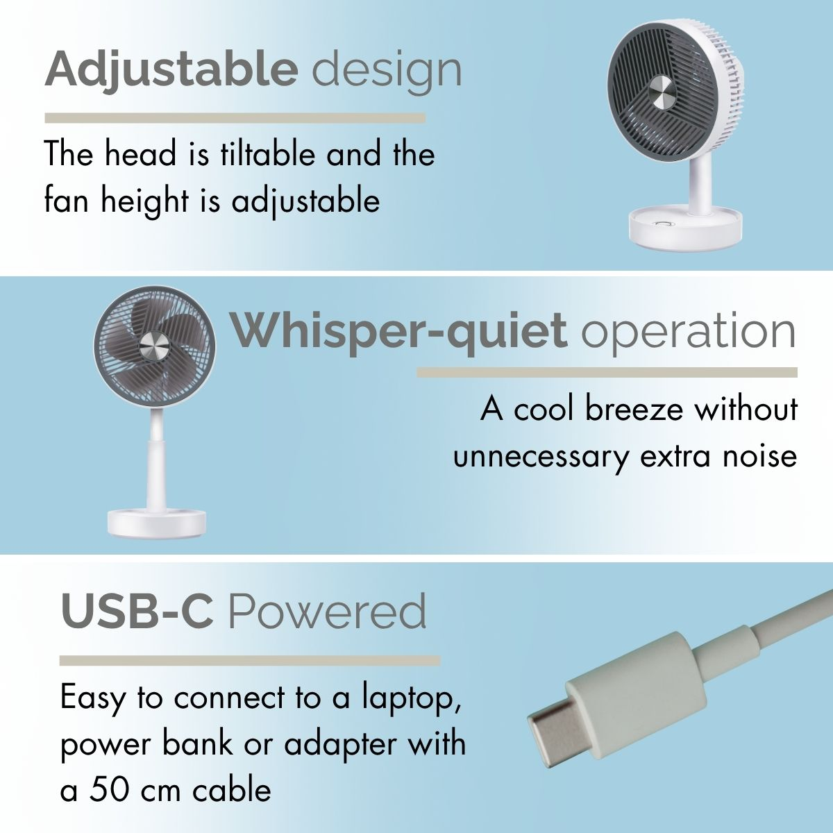 A white fan with adjustable head and USB-C connection.