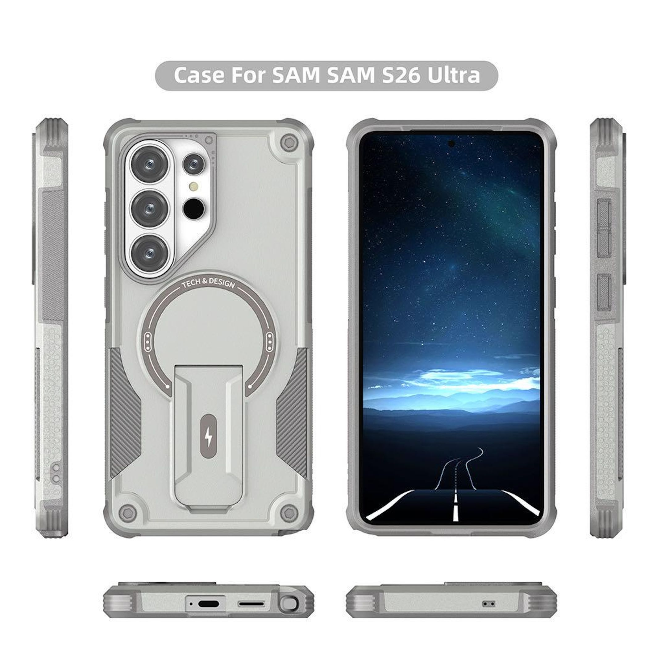 Graue Handyhülle mit Ständer für Samsung S26 Ultra, verschiedene Ansichten.