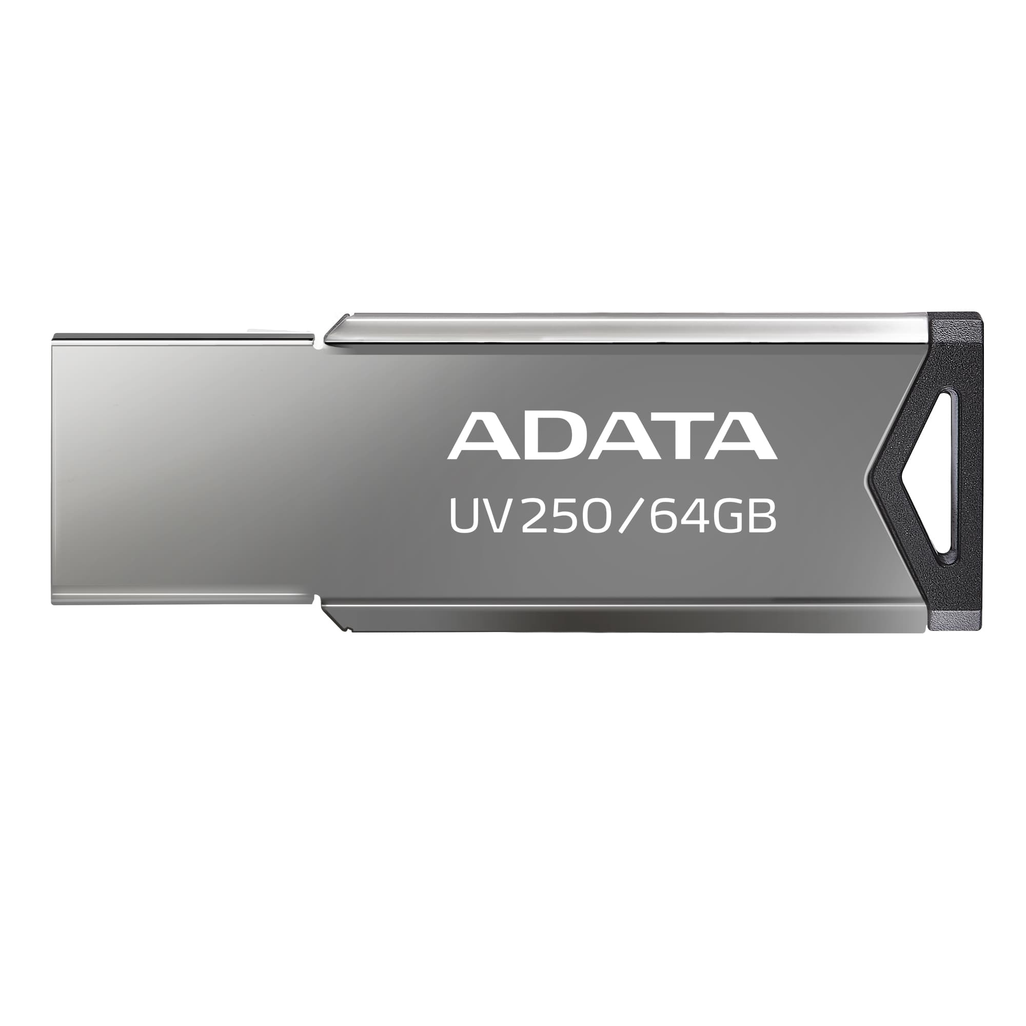 ADATA UV250 64GB USB-Speicherstick. Silberner Metallkörper, schwarze Akzente.