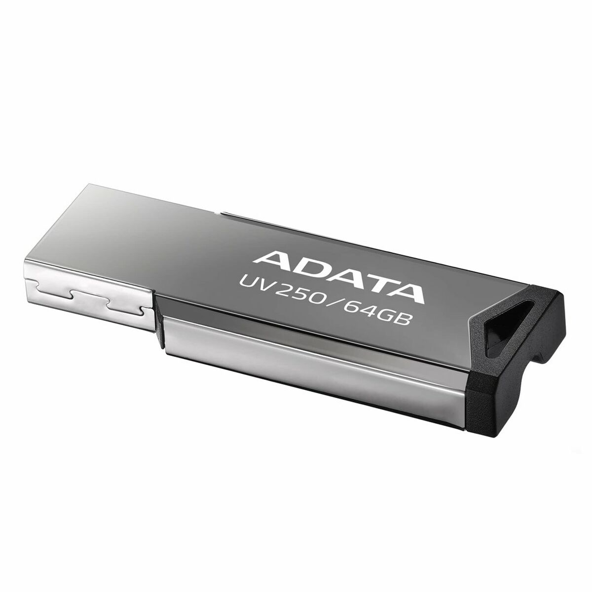 Ein silberner ADATA UV250 64GB USB-Stick auf weißem Hintergrund.