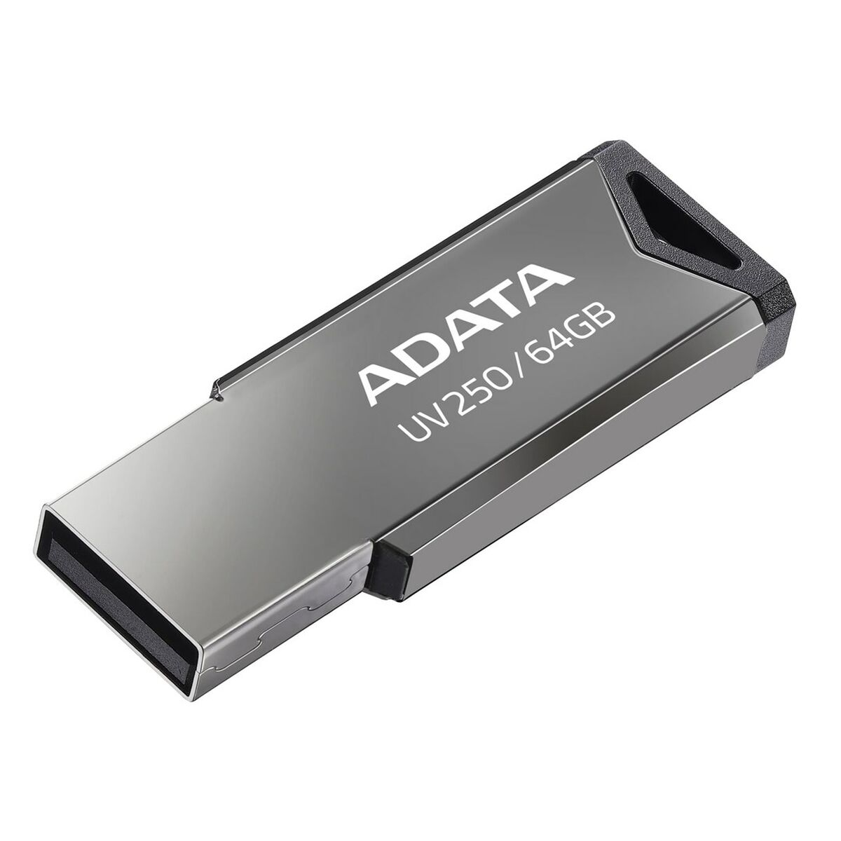 Grauer ADATA UV250 64GB USB-Stick mit silbernem Gehäuse und schwarzer Kappe.