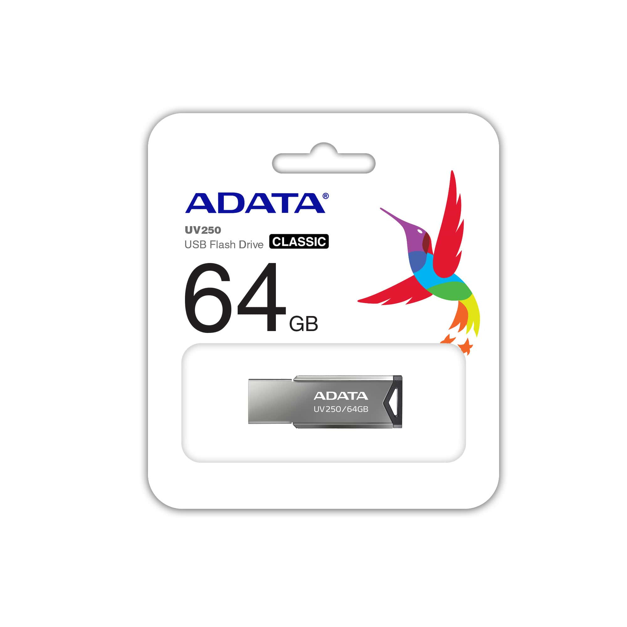 ADATA UV250 64GB USB-Stick in Verpackung mit Kolibri-Design.