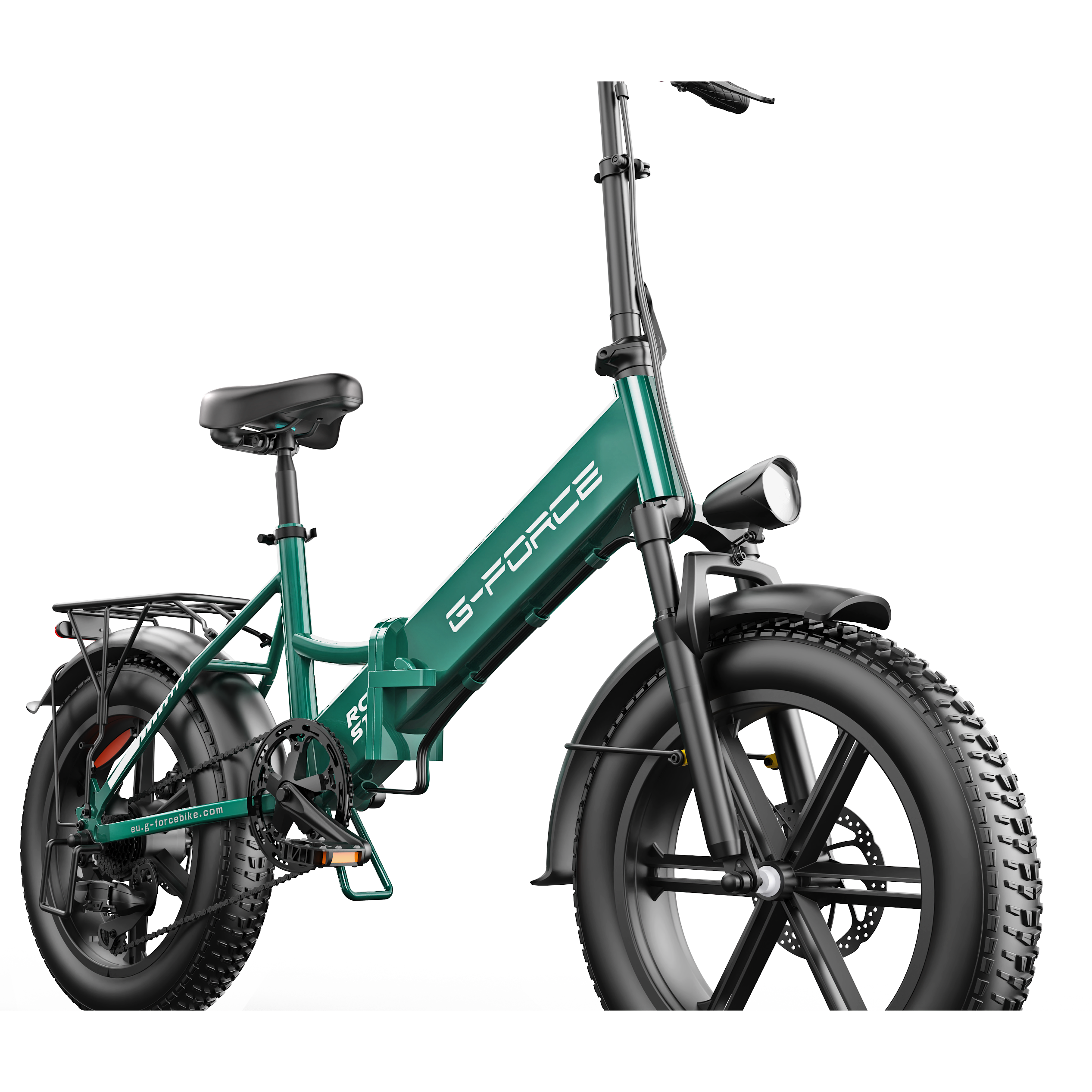 Ein grünes faltbares E-Bike mit dicken Reifen, Gepäckträger und Scheinwerfer.