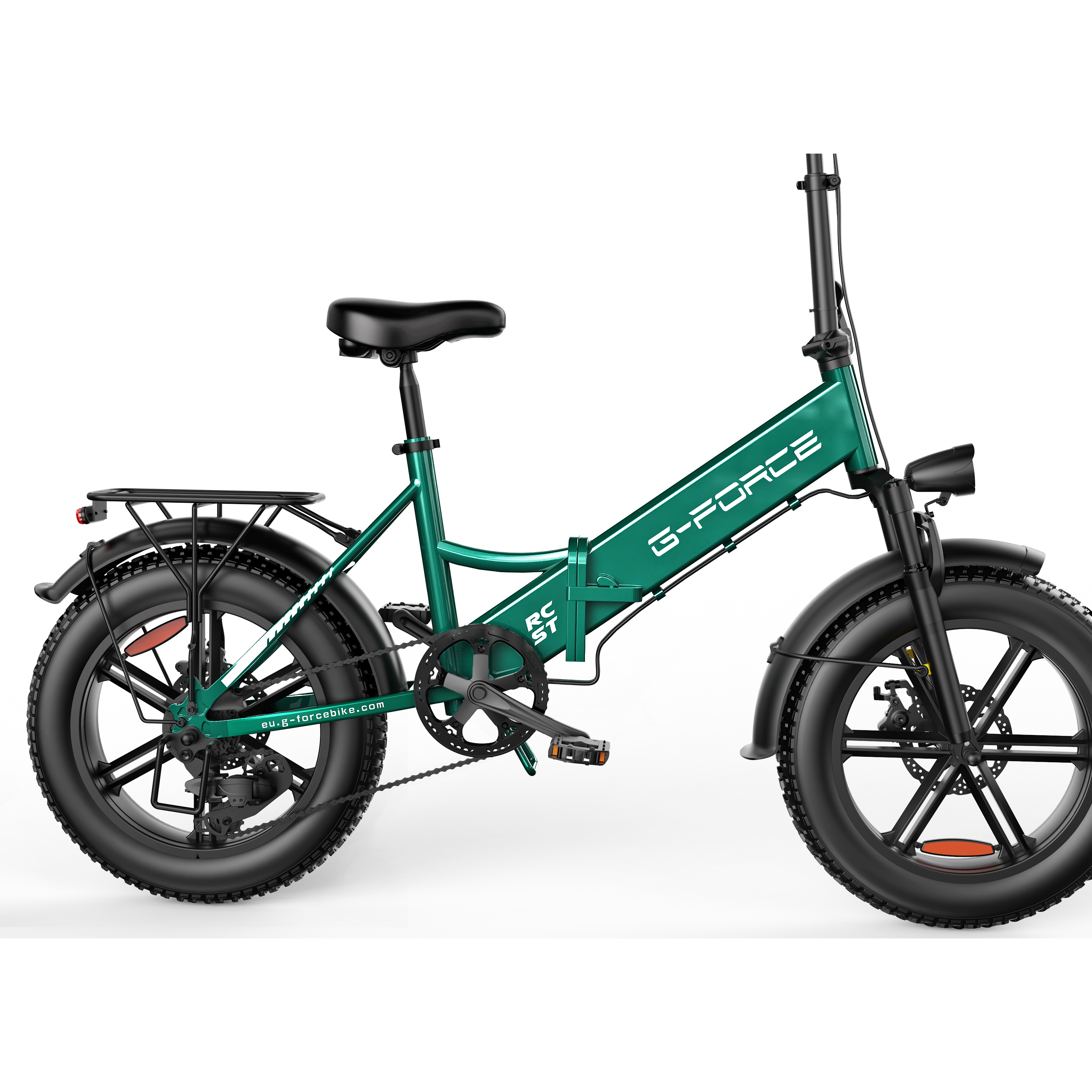 Ein grünes faltbares E-Bike mit fetten Reifen, schwarzem Sattel und Gepäckträger.