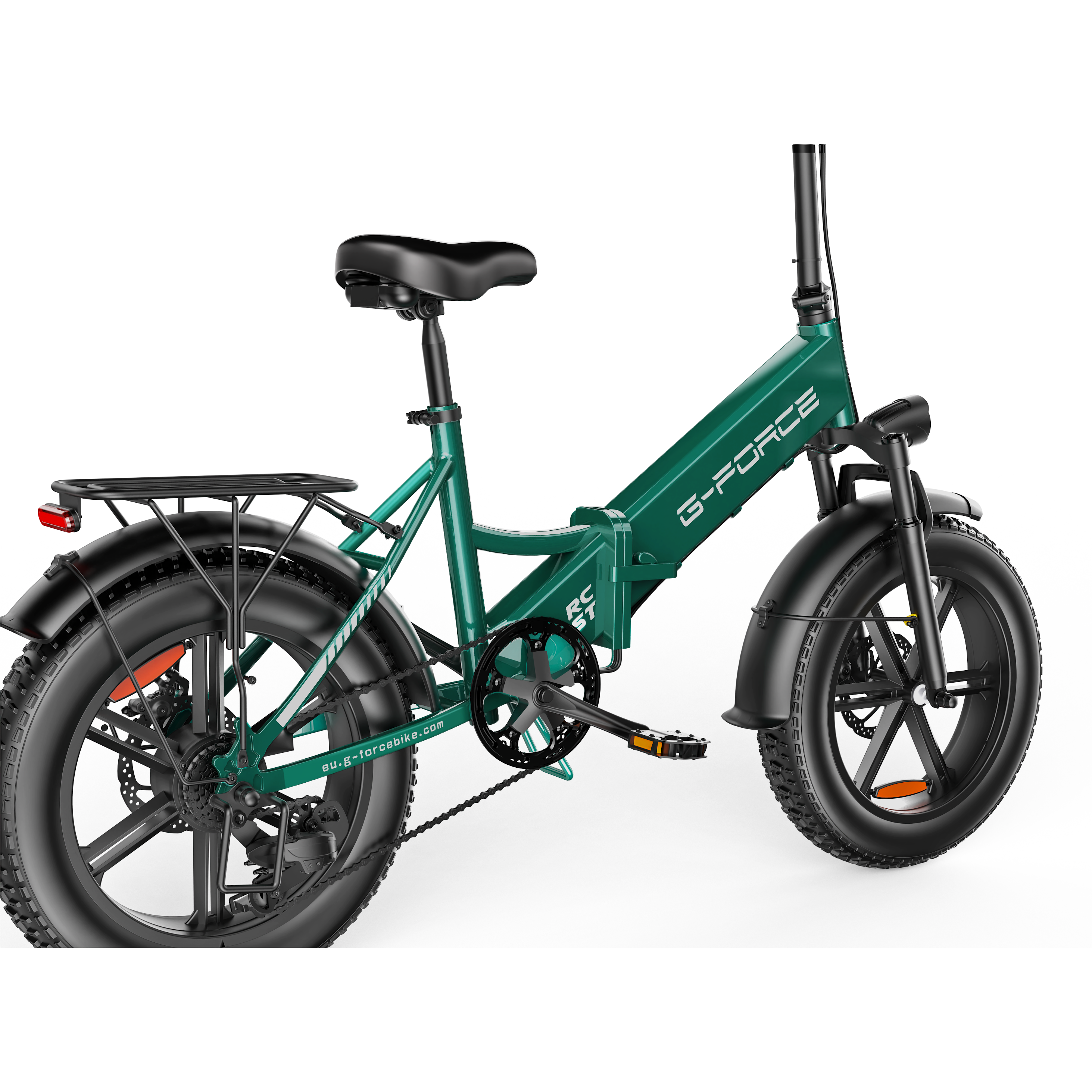 Ein smaragdgrünes Klapprad mit schwarzen fetten Reifen und Gepäckträger.